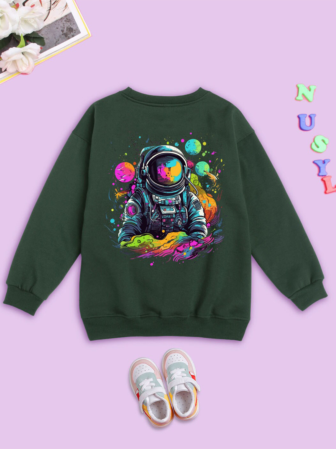 

BAESD Kids Graphic Printed Round Neck Long Sleeves Fleece Pullover Oversized Sweatshirt, Olive