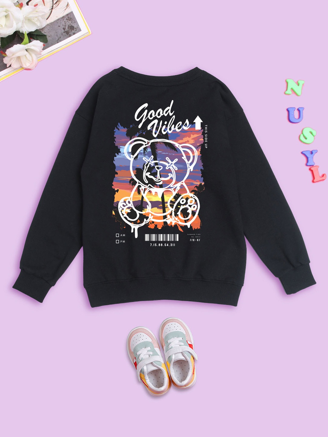 

BAESD Kids Graphic Printed Round Neck Long Sleeves Fleece Pullover Oversized Sweatshirt, Black