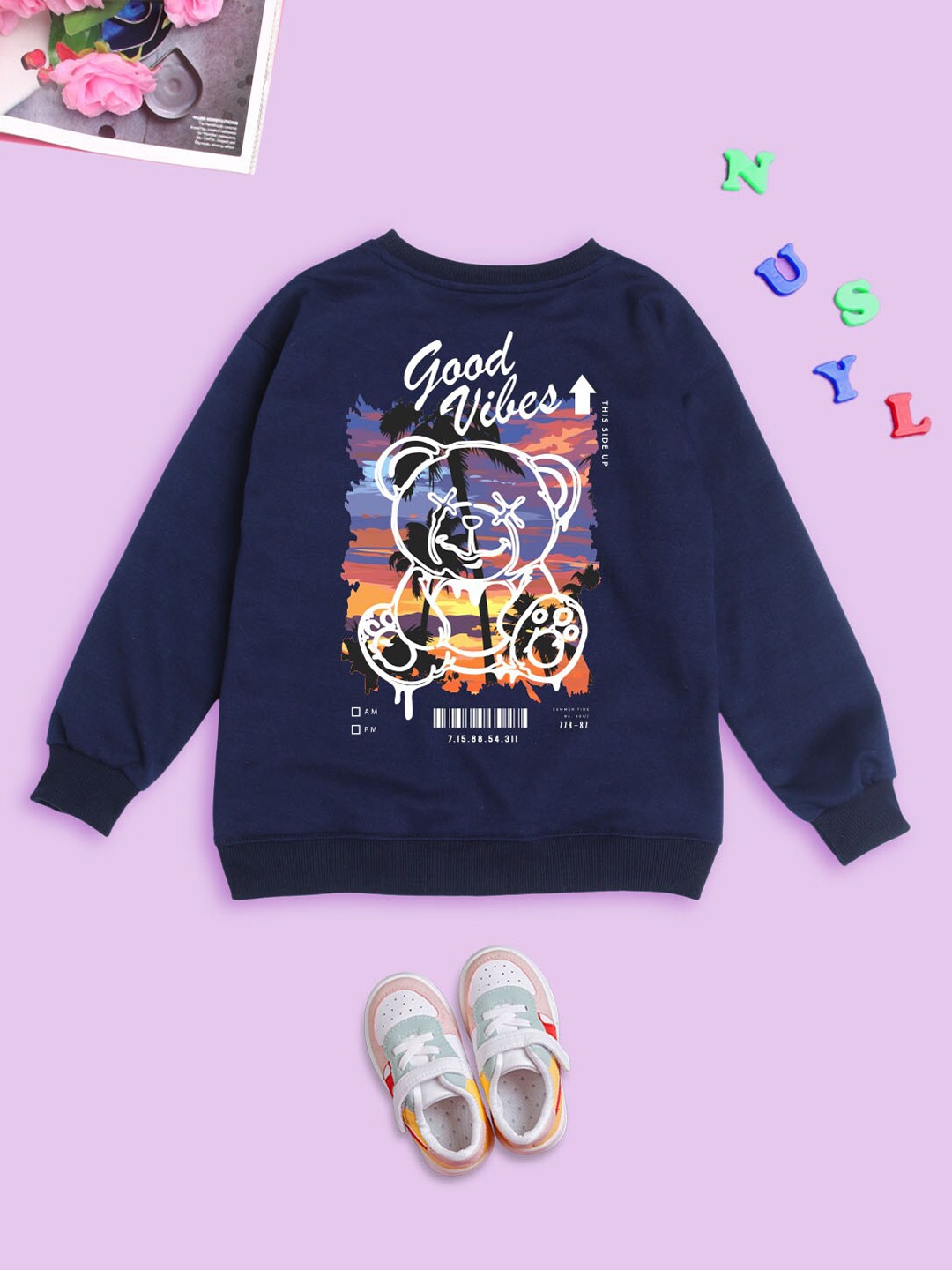 

BAESD Kids Typography Printed Fleece Oversized Sweatshirt, Navy blue