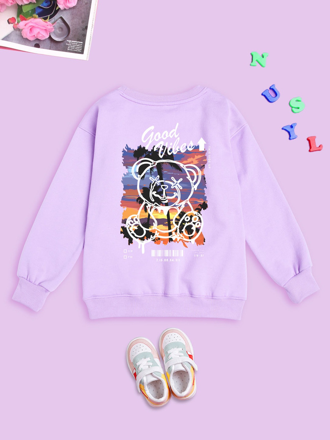

BAESD Kids Graphic Printed Round Neck Long Sleeves Fleece Pullover Oversized Sweatshirt, Purple