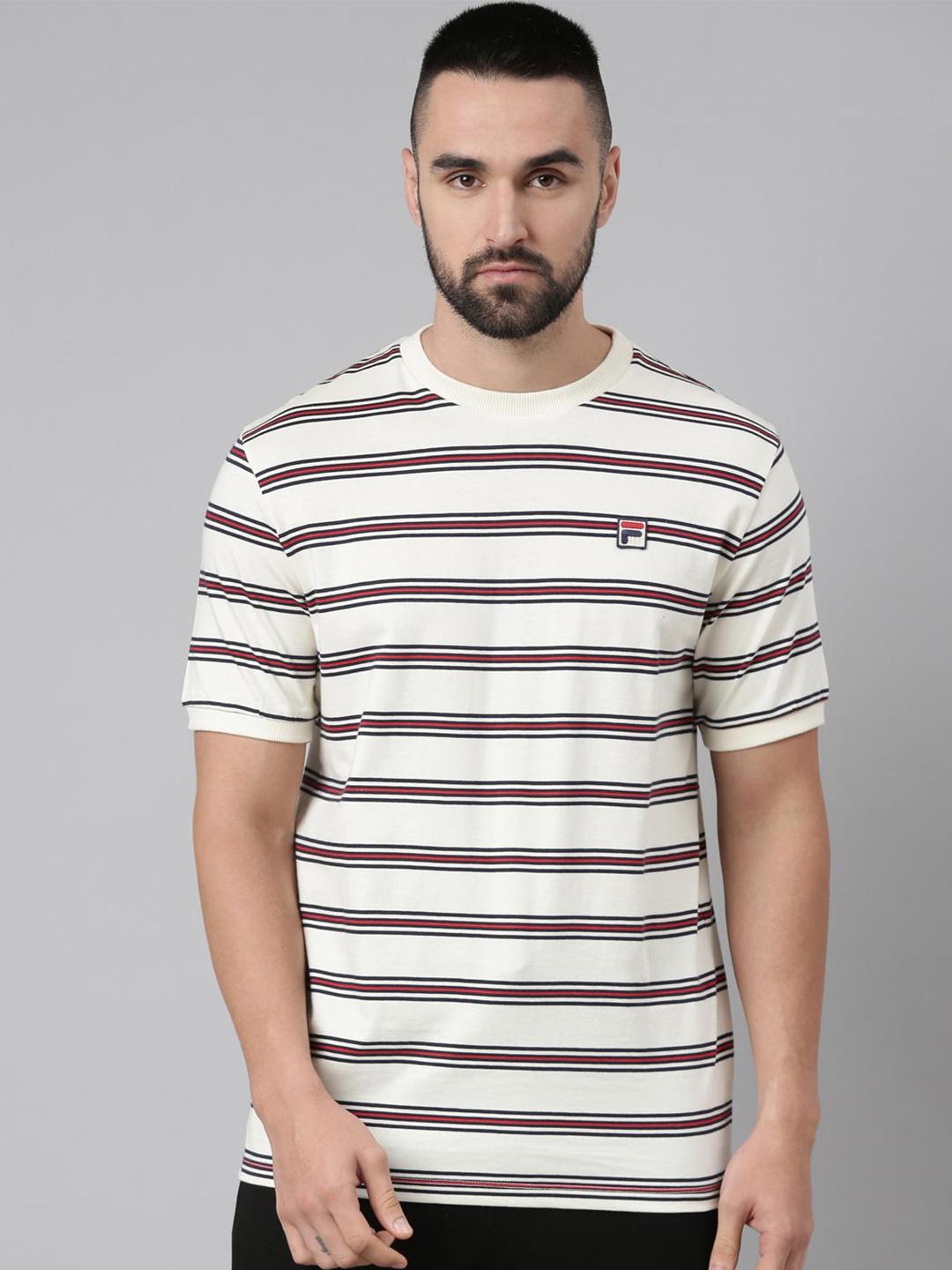 

FILA Round Neck Short Sleeves Striped T-shirt, Cream