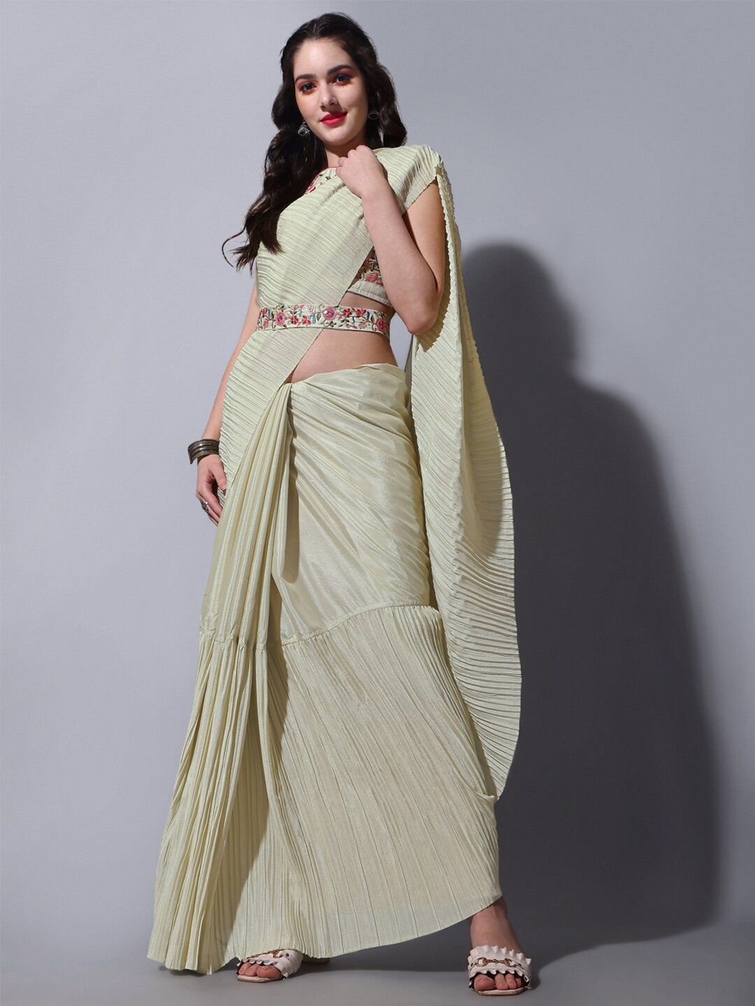 

J.KANJI Striped Embroidered Silk Cotton Saree, Cream