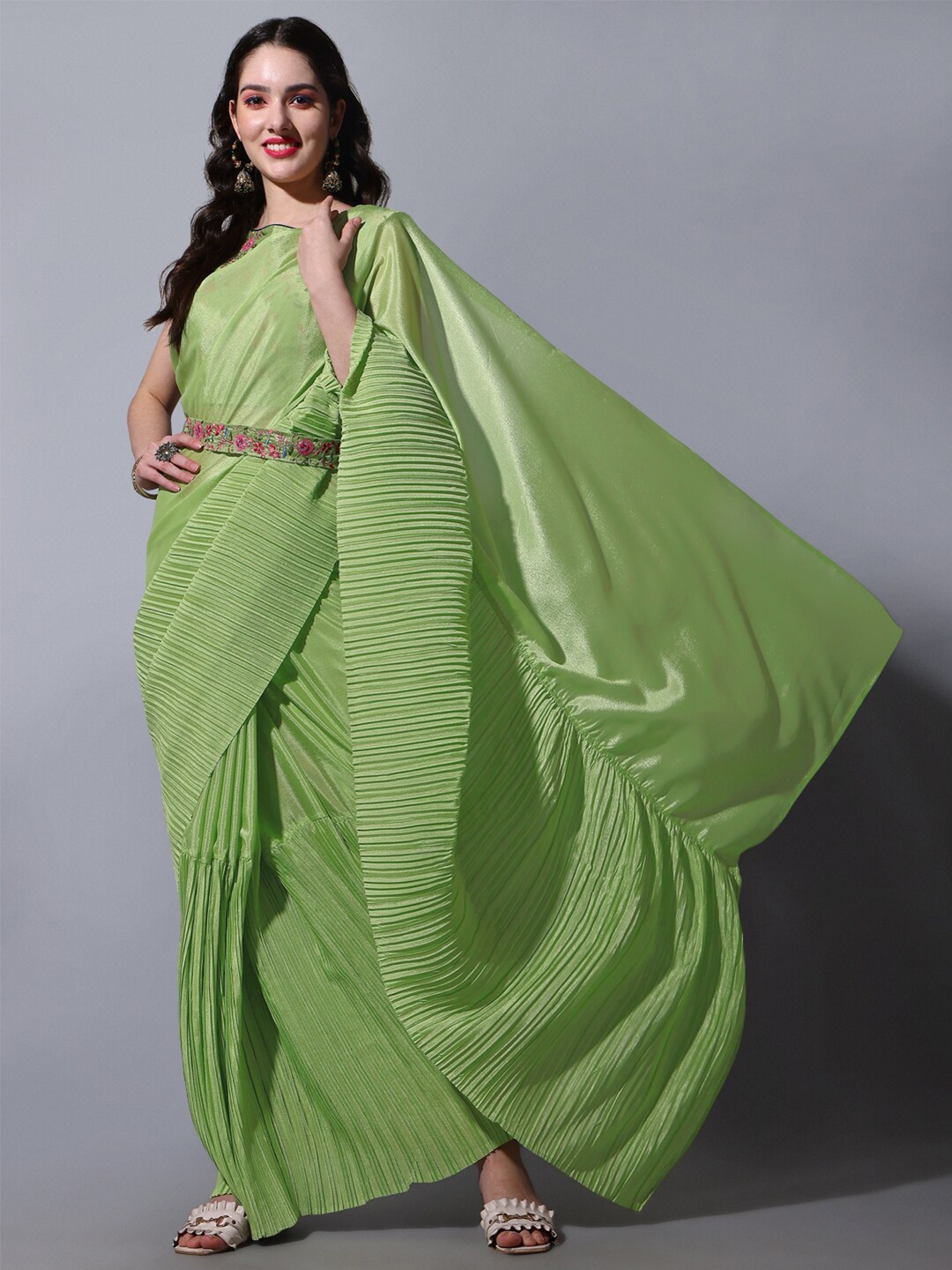 

J.KANJI Striped Embroidered Silk Cotton Saree, Olive