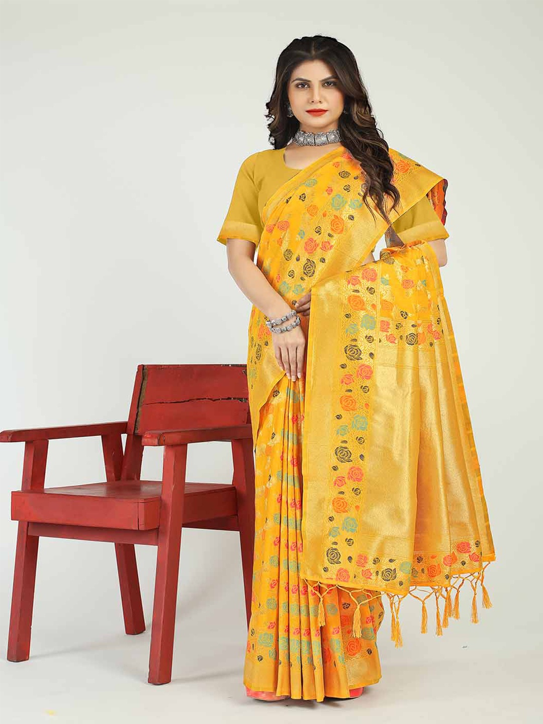 

Mitera Yellow & Red Ethnic Motifs Woven Design Zari Art Silk Saree