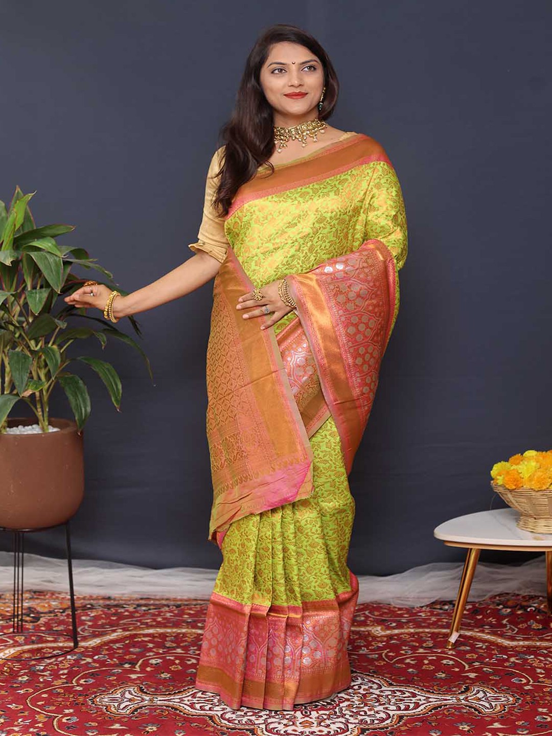 

Mitera Green & Pink Floral Woven Design Zari Art Silk Saree