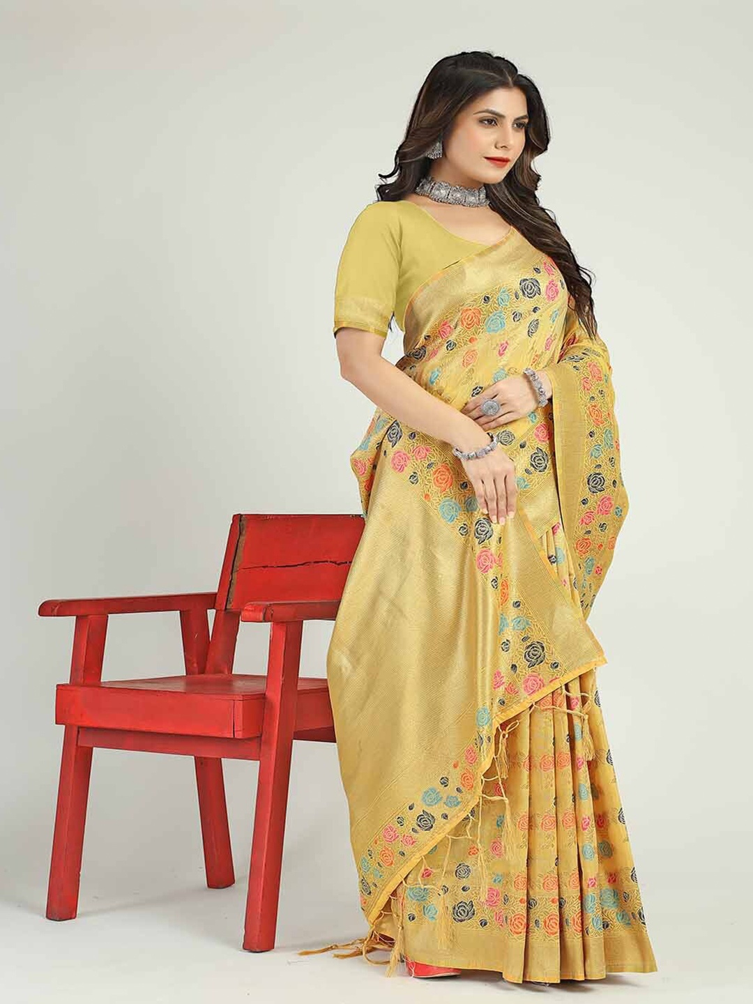 

Mitera Yellow & Turquoise Blue Ethnic Motifs Woven Design Zari Art Silk Saree