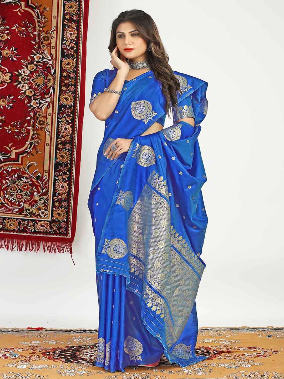 

Mitera Blue & Gold-Toned Ethnic Motifs Woven Design Zari Art Silk Saree