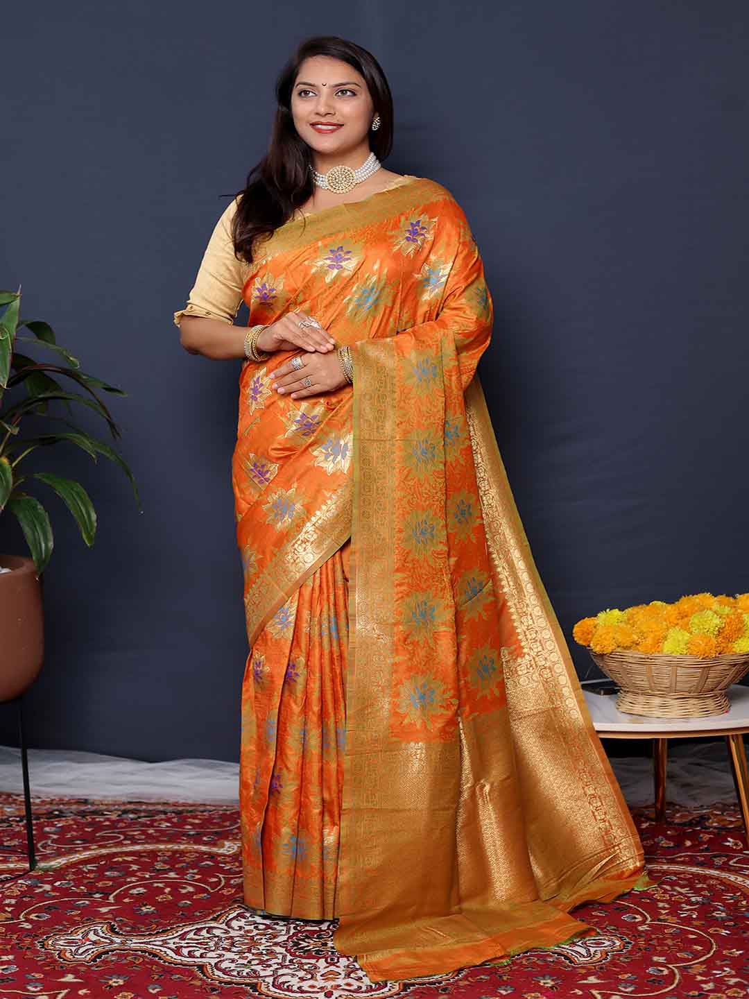 

Mitera Woven Design Zari Art Silk Saree, Orange