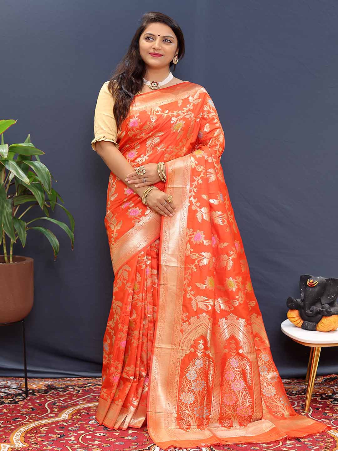 

Mitera Floral Zari Art Silk Saree, Orange