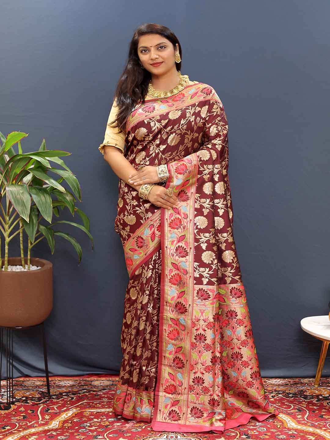 

Mitera Floral Zari Art Silk Saree, Brown