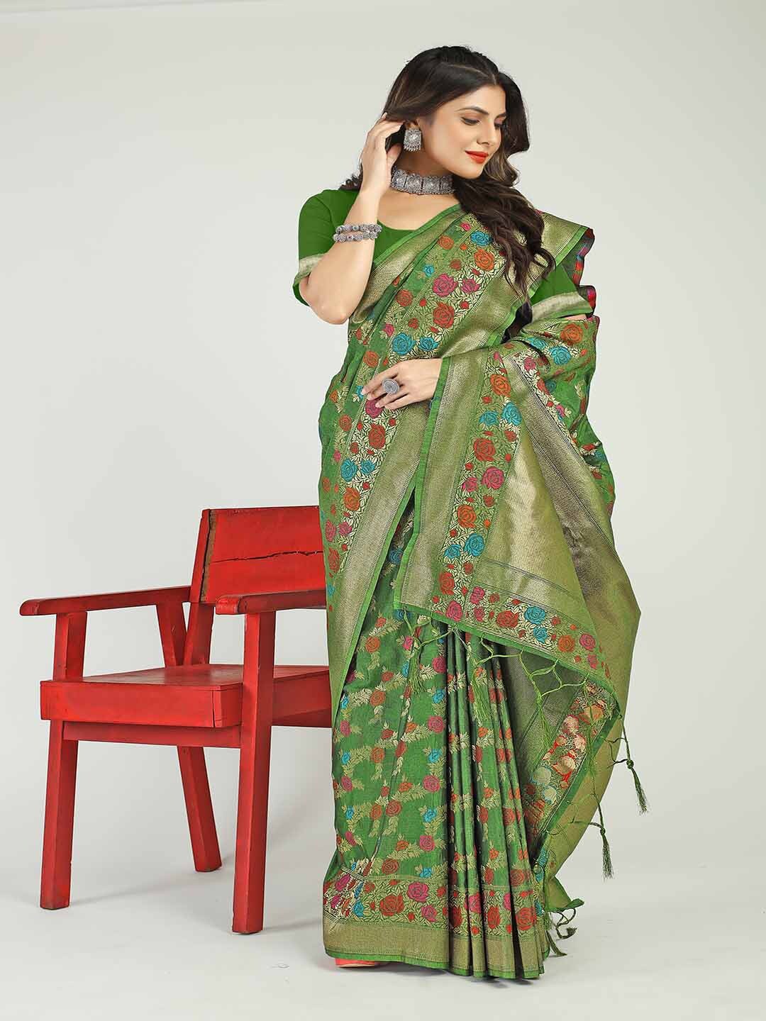 

Mitera Floral Zari Art Silk Saree, Green