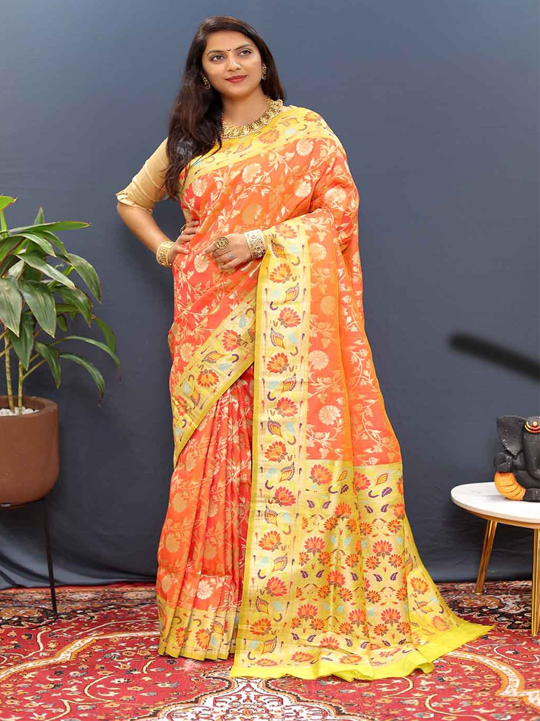 

Mitera Woven Design Zari Art Silk Saree, Orange