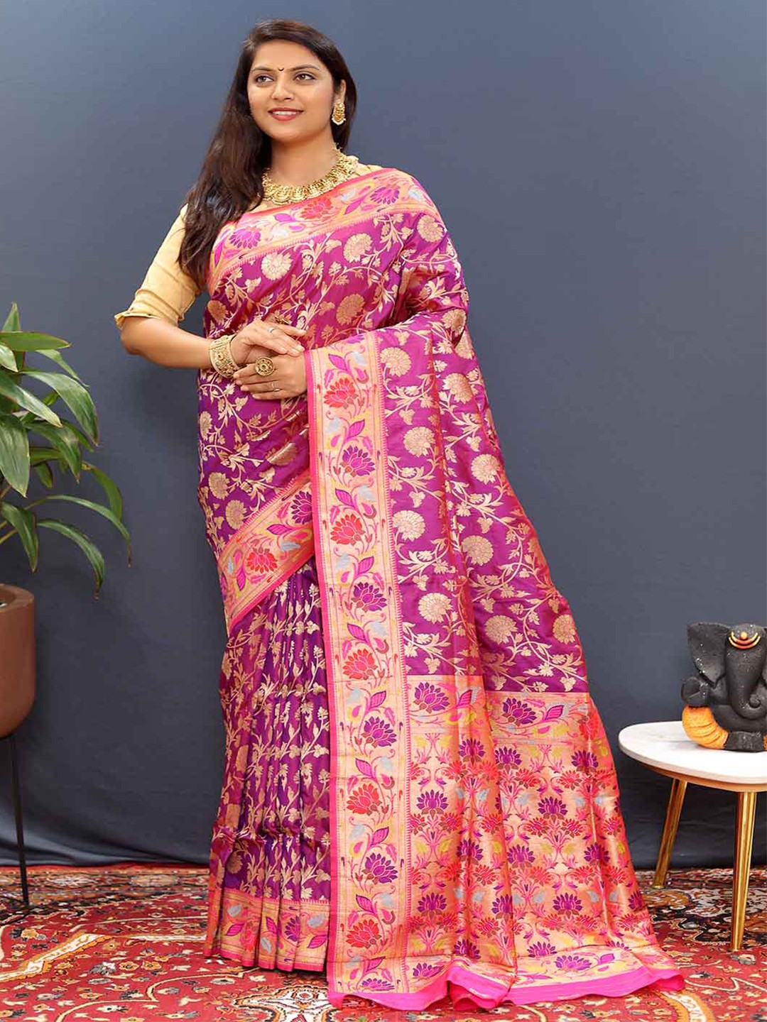 

Mitera Floral Zari Art Silk Saree, Purple
