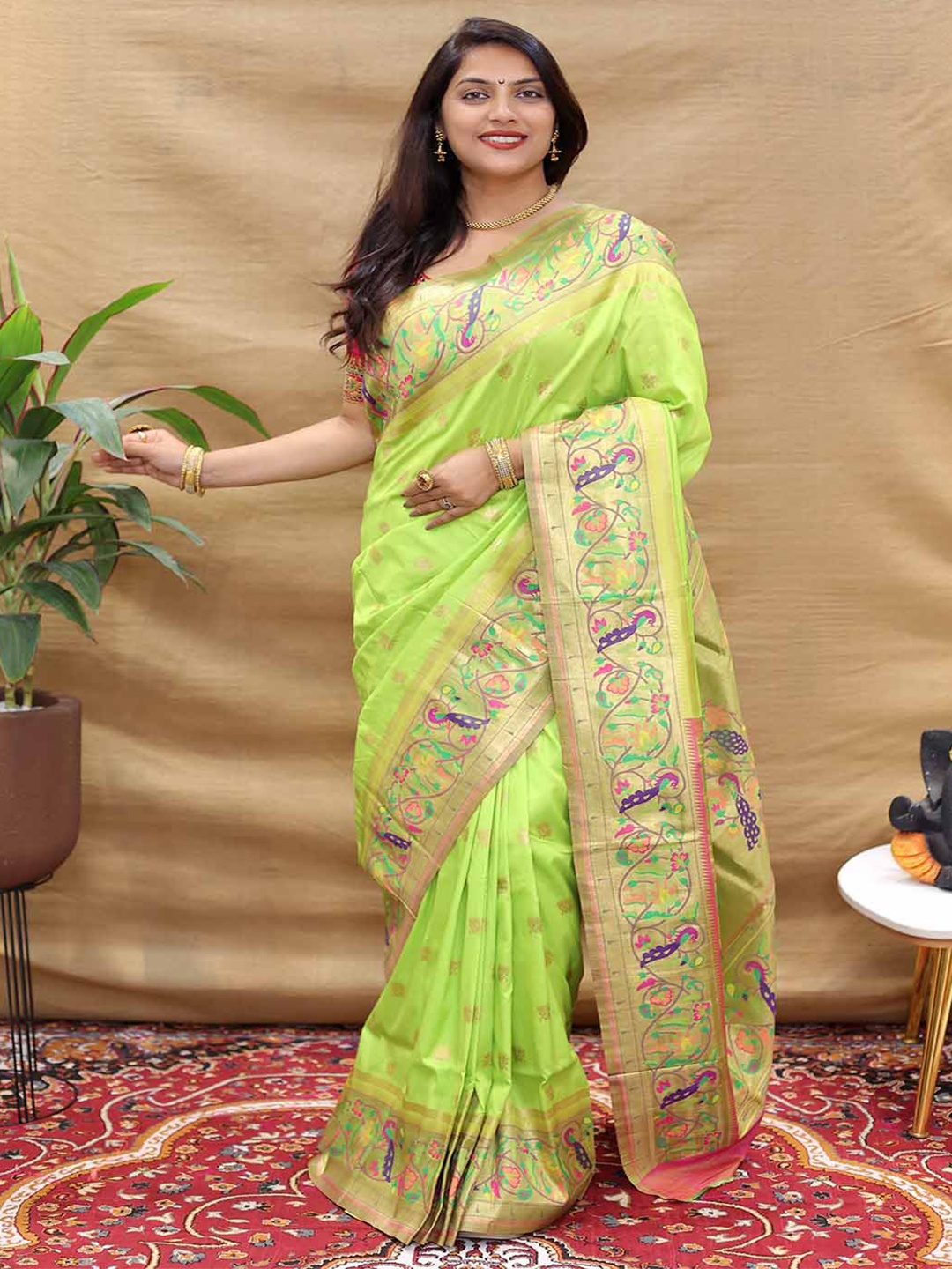 

Mitera Ethnic Motifs Zari Art Silk Designer Saree, Green