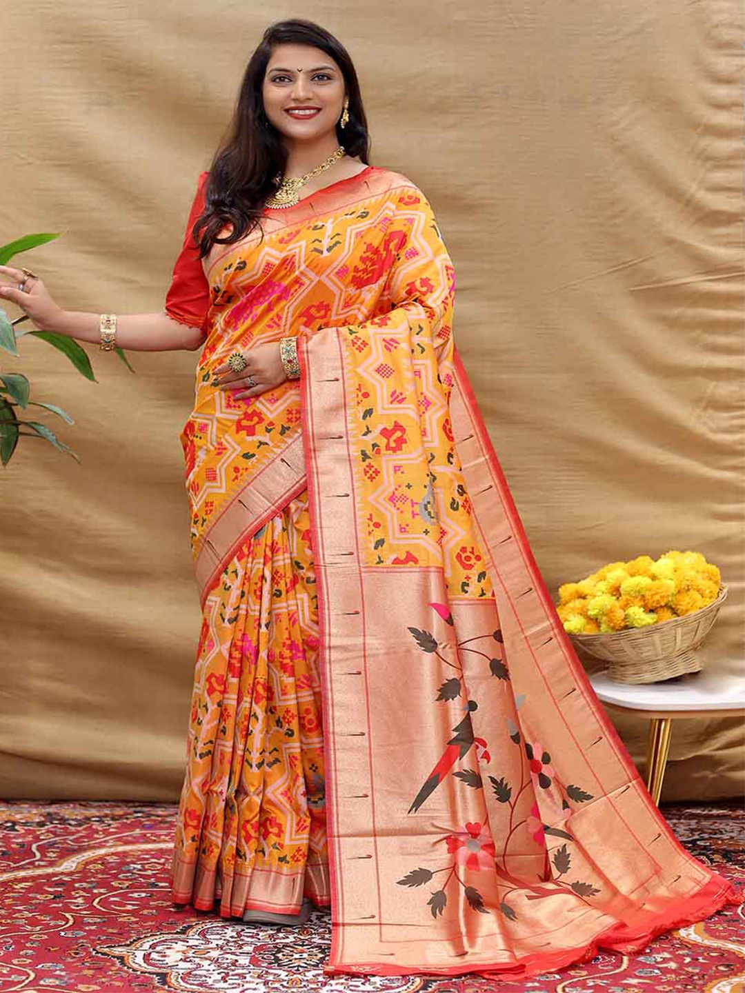 

Mitera Yellow & Red Ethnic Motifs Ethnic Motifs Zari Art Silk Saree