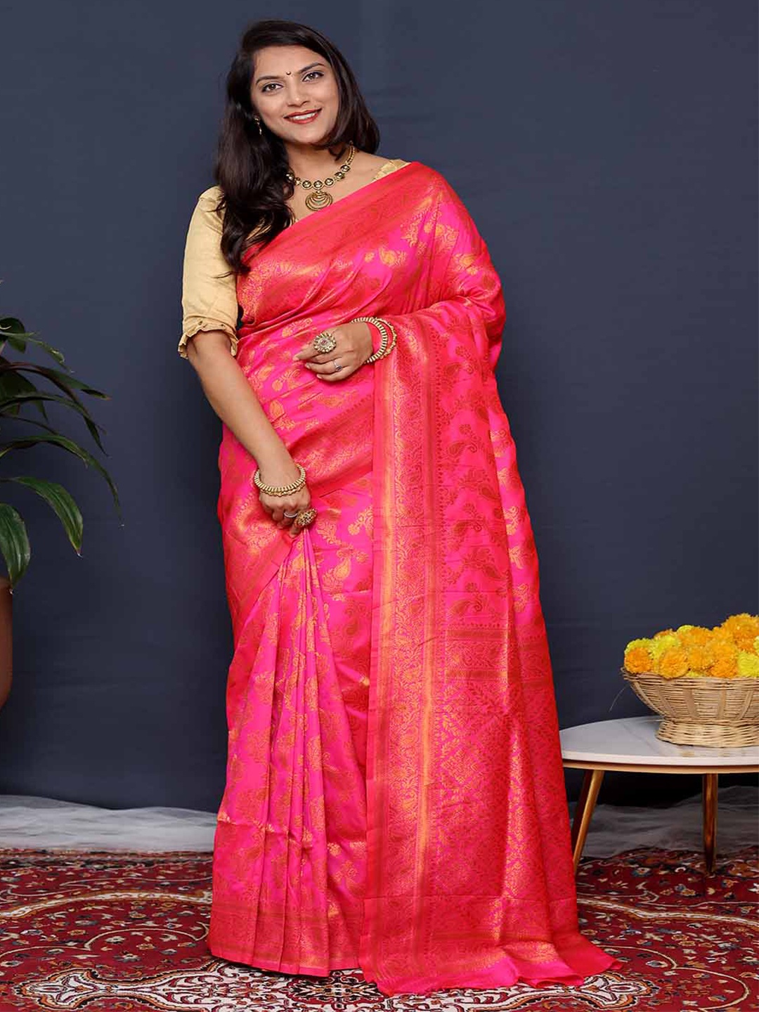 

Mitera Pink & Gold Toned Woven Design Zari Art Silk Saree
