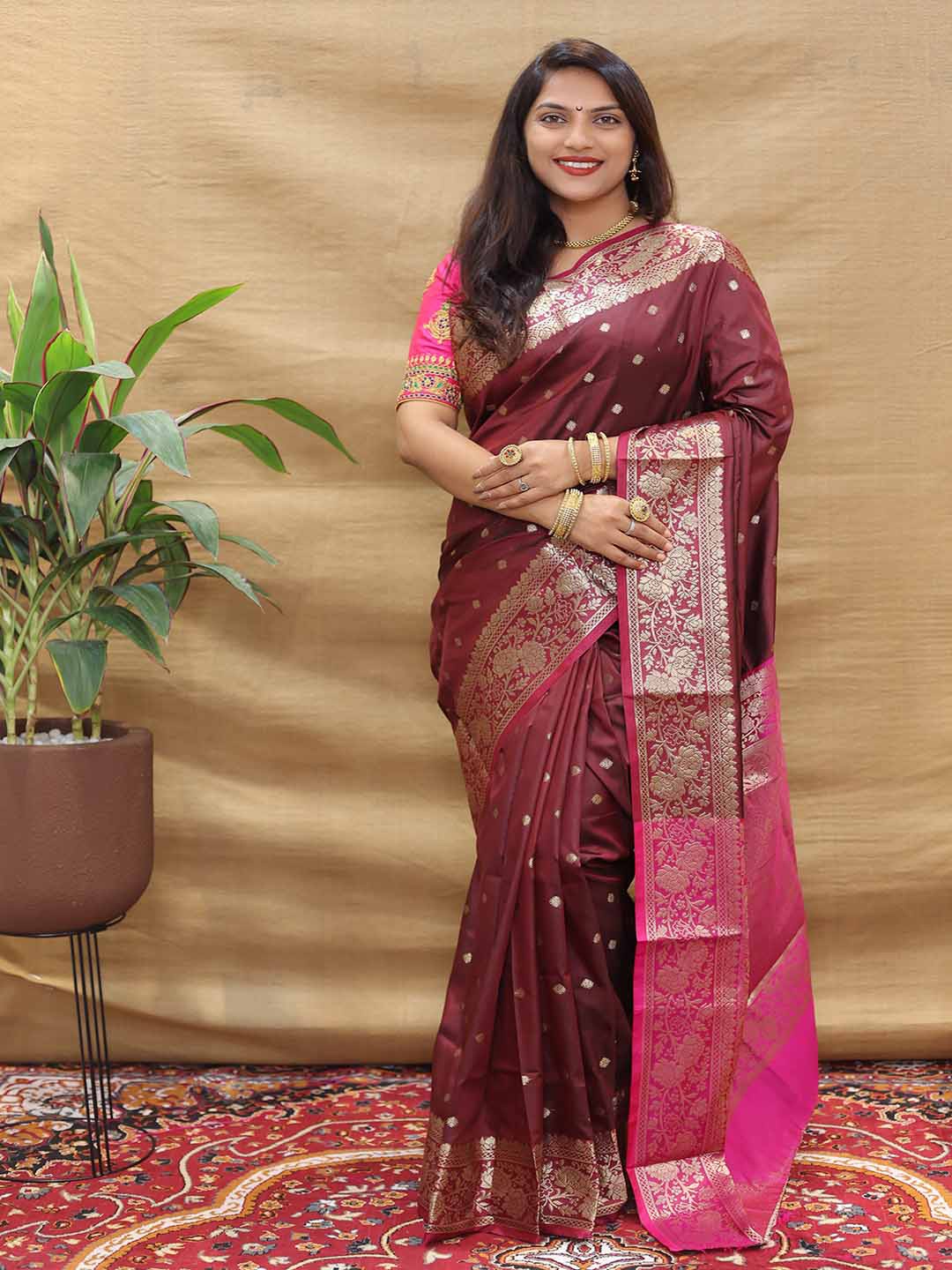 

Mitera Brown & Pink Woven Design Ethnic Motifs Zari Art Silk Saree