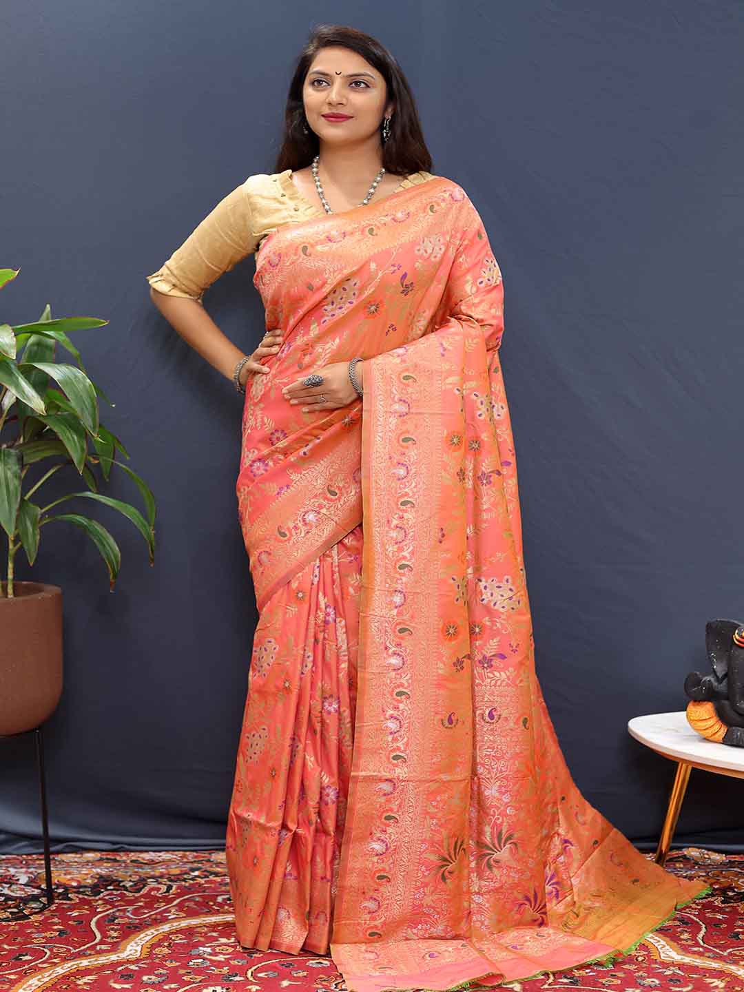 

Mitera Ethnic Motifs Woven Design Zari Saree, Peach