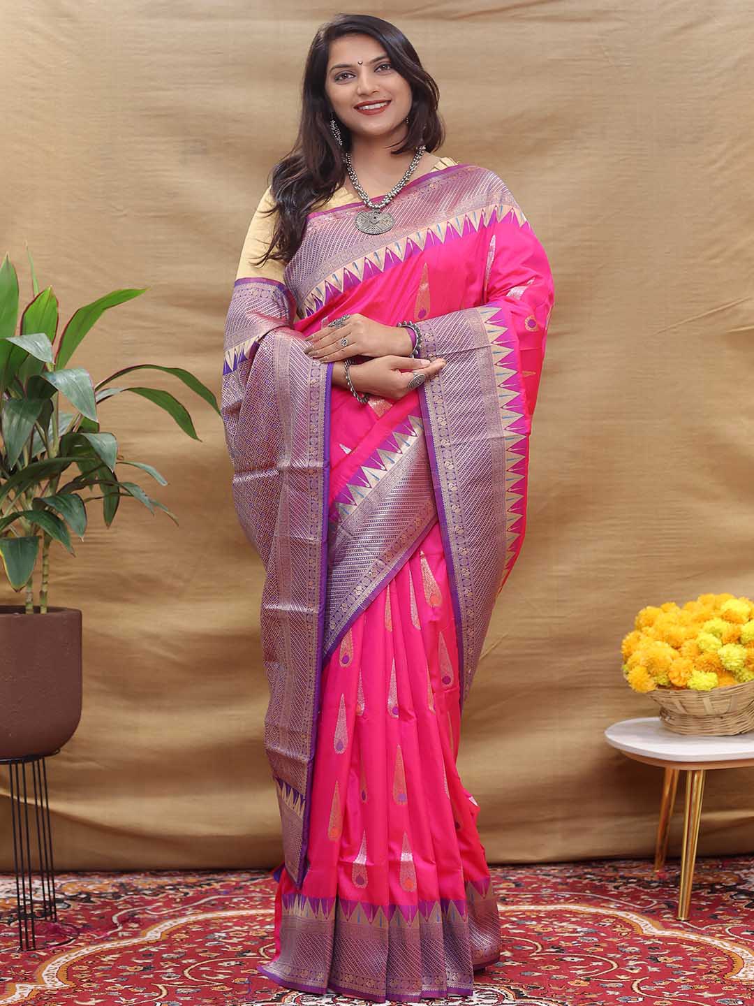 

Mitera Ethnic Motifs Woven Design Zari Saree, Pink