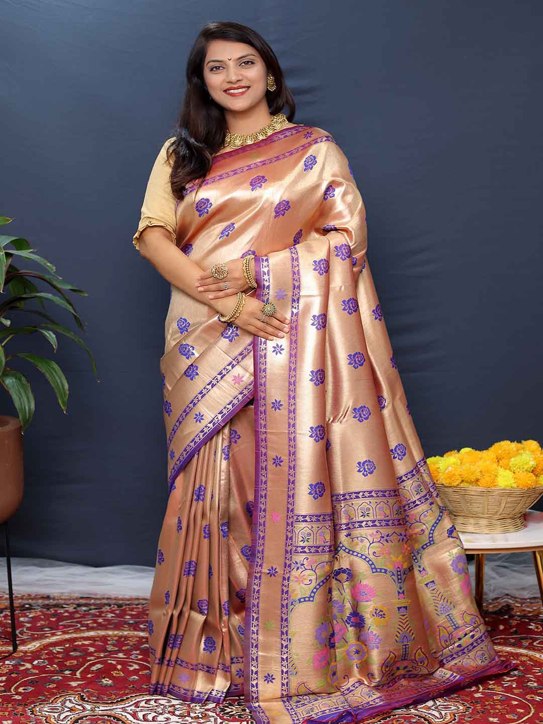 

Mitera Floral Woven Design Zari Saree, Purple
