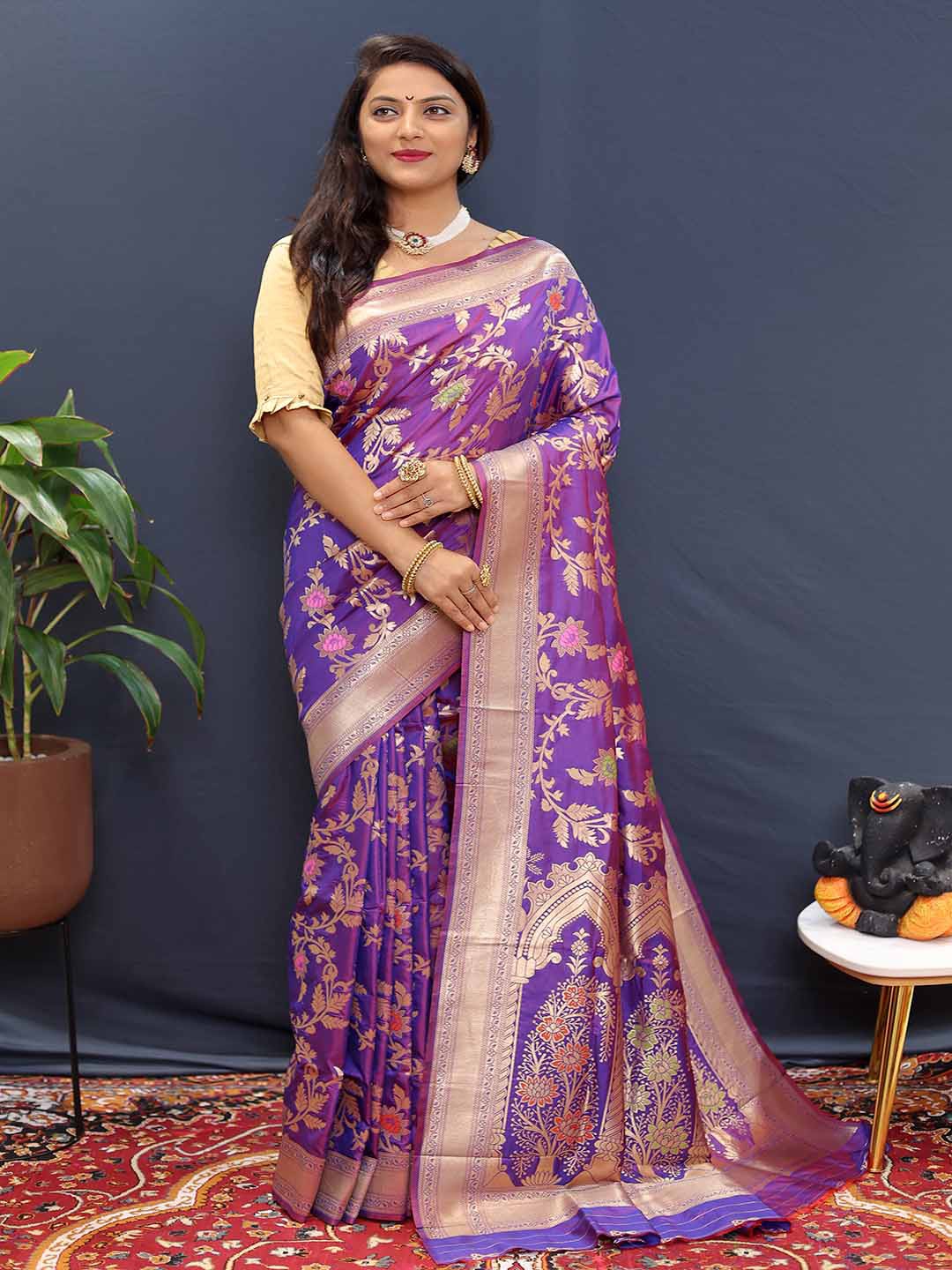 

Mitera Ethnic Motifs Woven Design Zari Saree, Purple