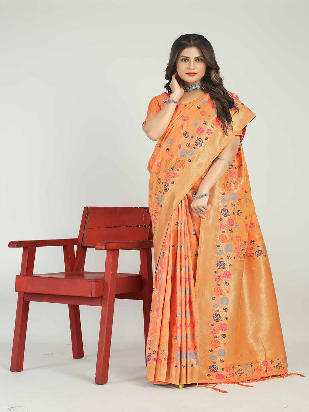

Mitera Floral Printed Zari Saree, Orange