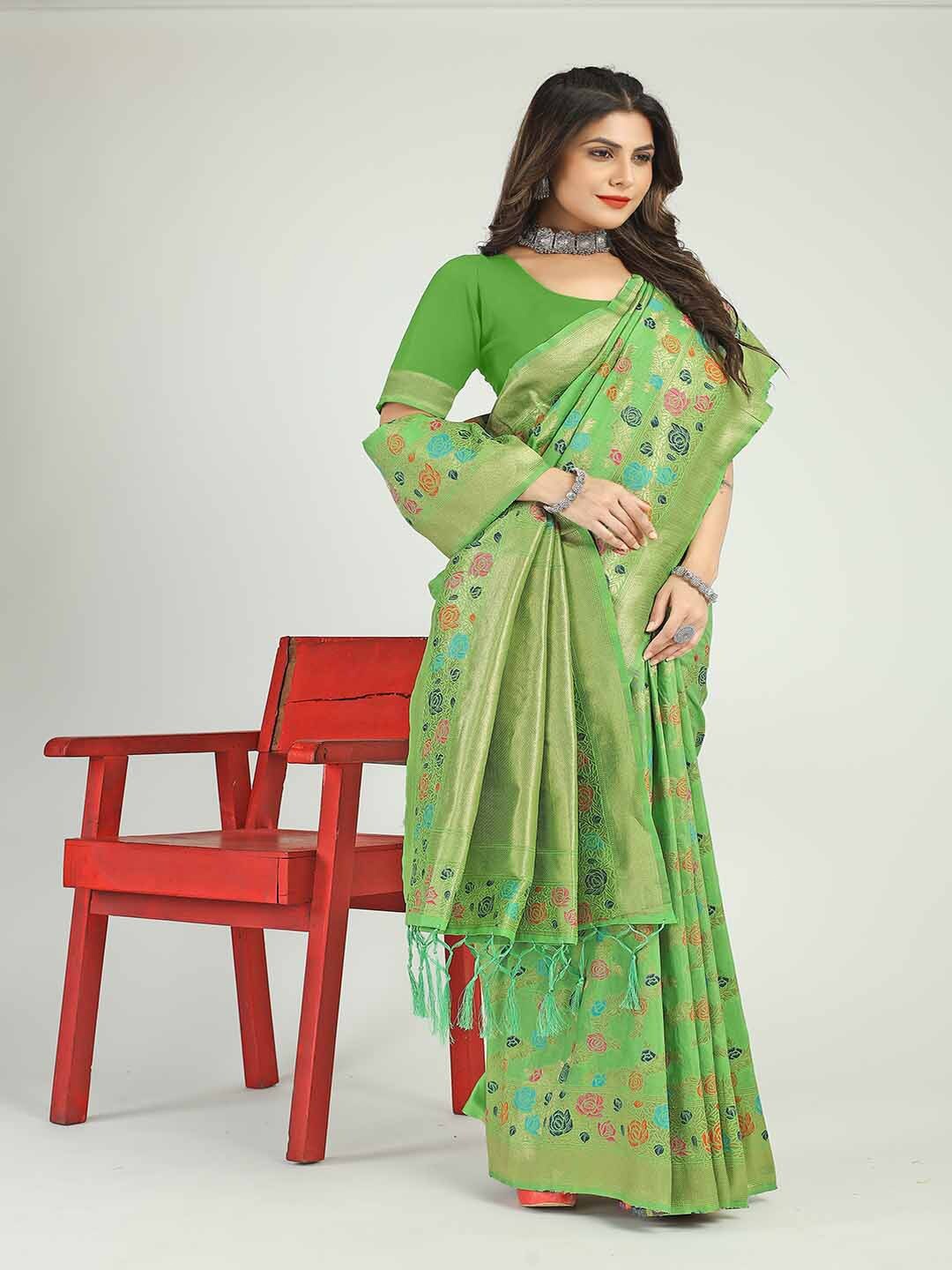 

Mitera Floral Woven Design Zari Saree, Green