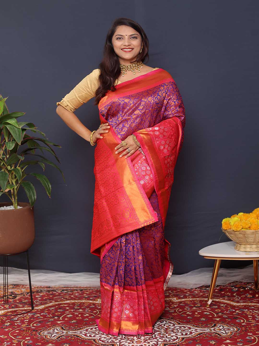 

Mitera Purple & Pink Woven Design Zari Art Silk Saree