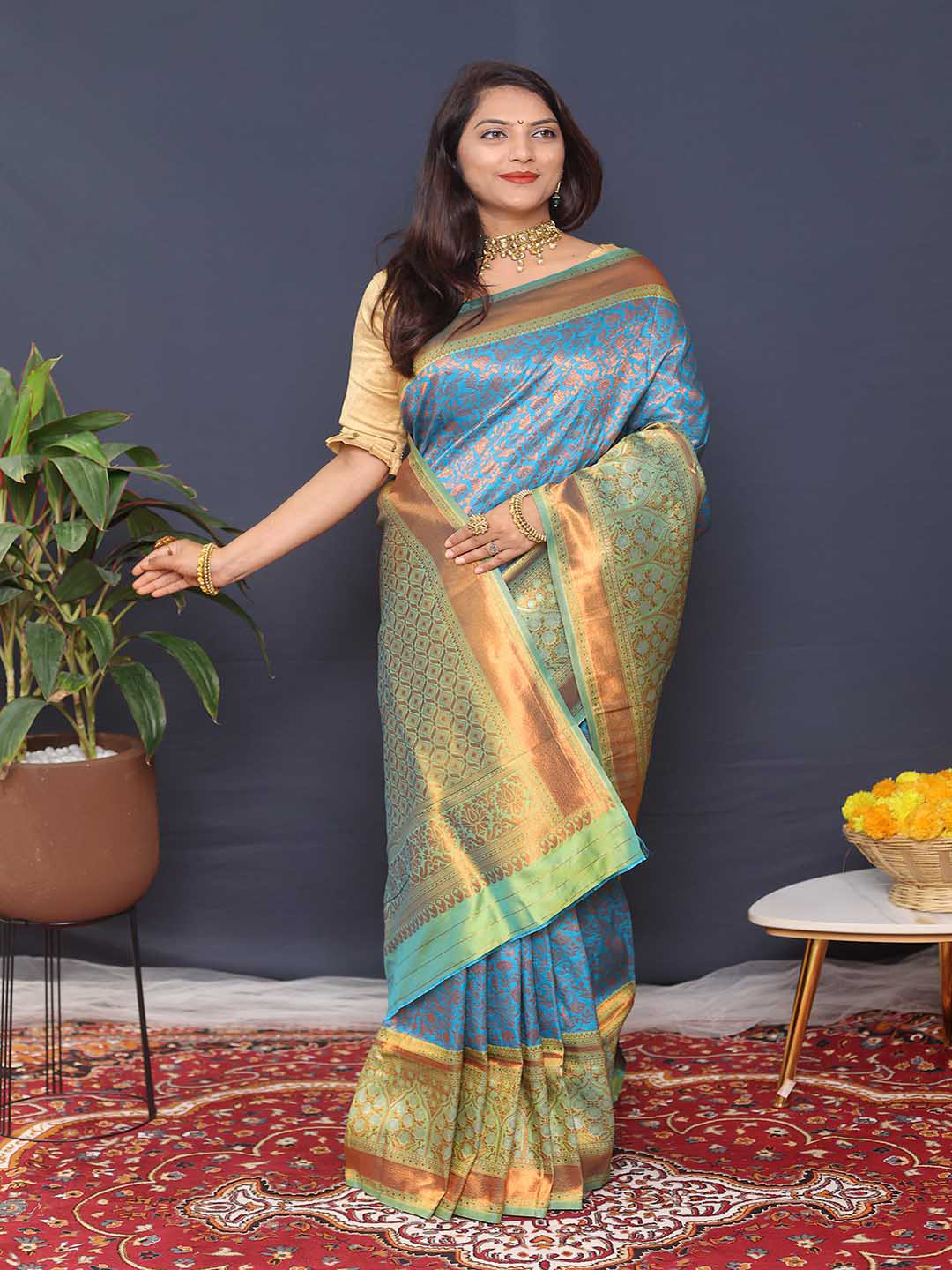 

Mitera Blue & Green Woven Design Zari Art Silk Saree