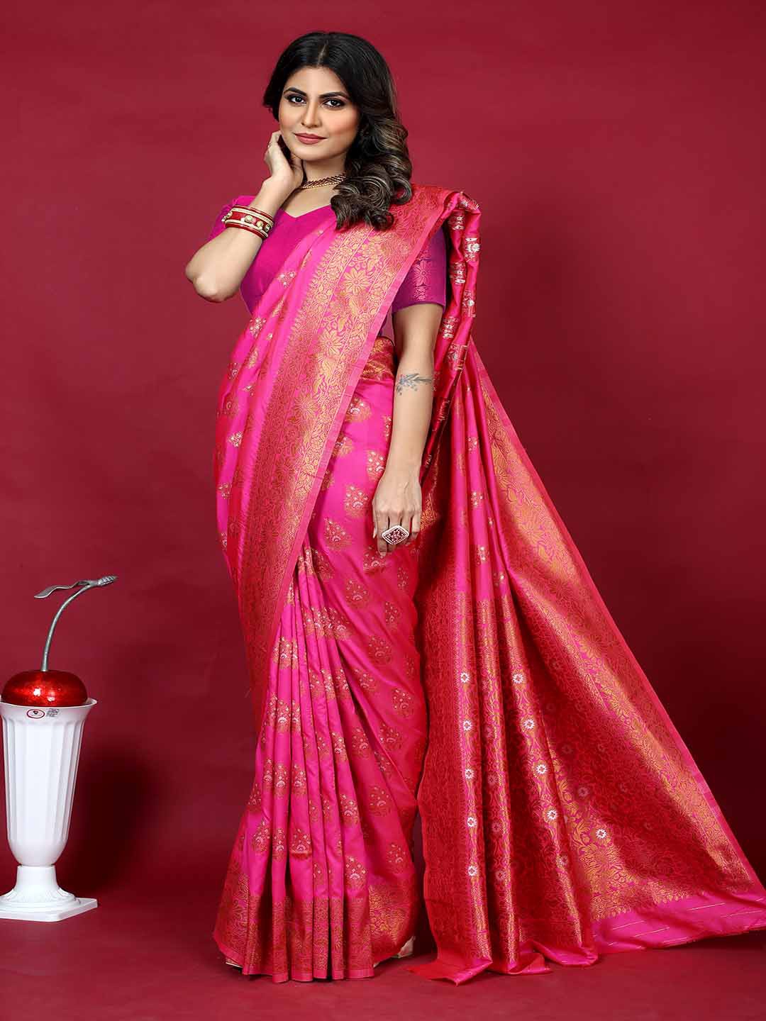 

Mitera Pink & Gold Toned Floral Zari Art Silk Saree