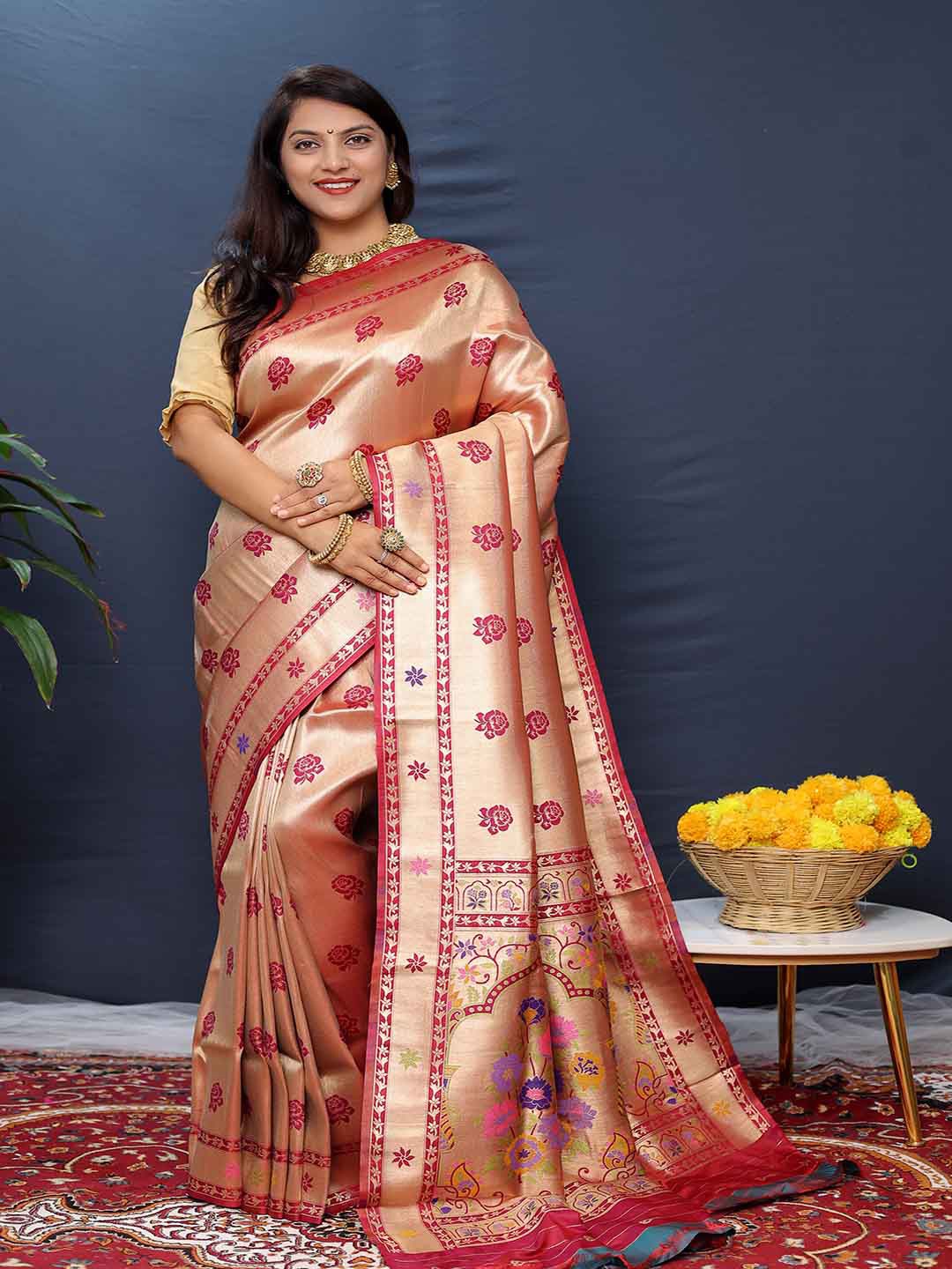 

Mitera Floral Zari Art Silk Saree, Pink
