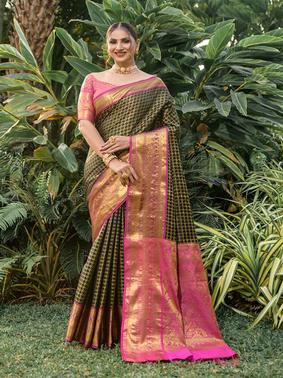 

Mitera Green & Pink Woven Design Zari Art Silk Saree