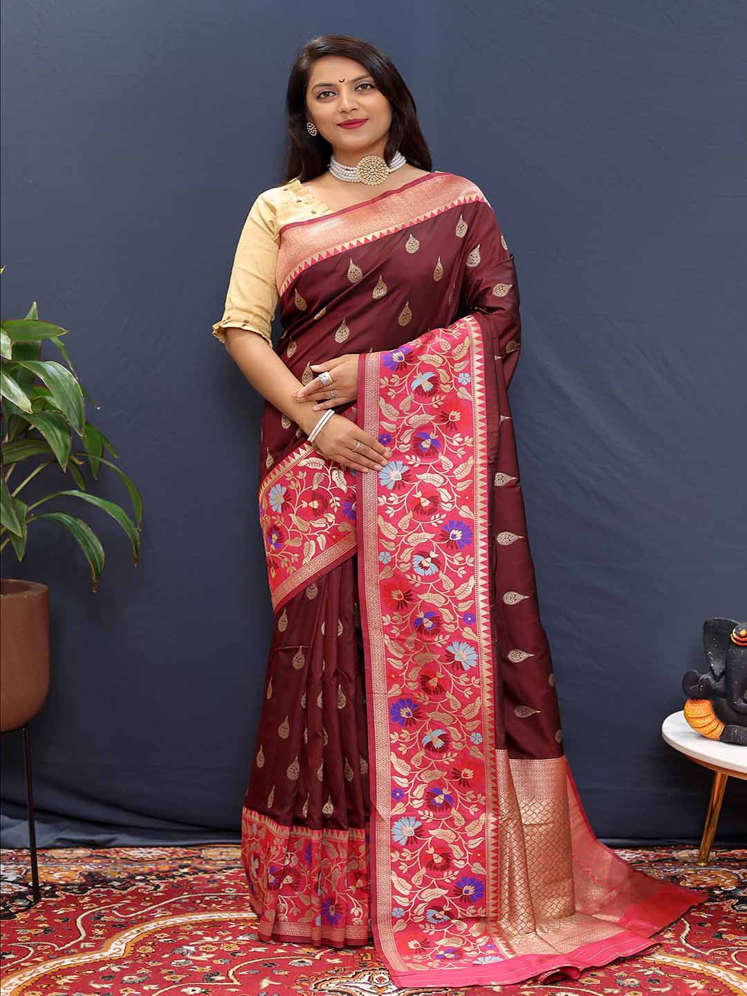 

Mitera Brown & Pink Woven Design Ethnic Motifs Zari Art Silk Saree