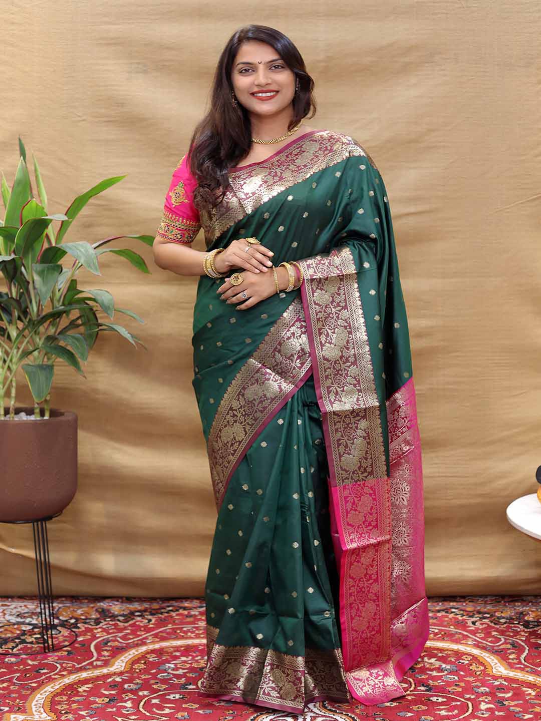 

Mitera Green & Pink Woven Design Ethnic Motifs Zari Art Silk Saree