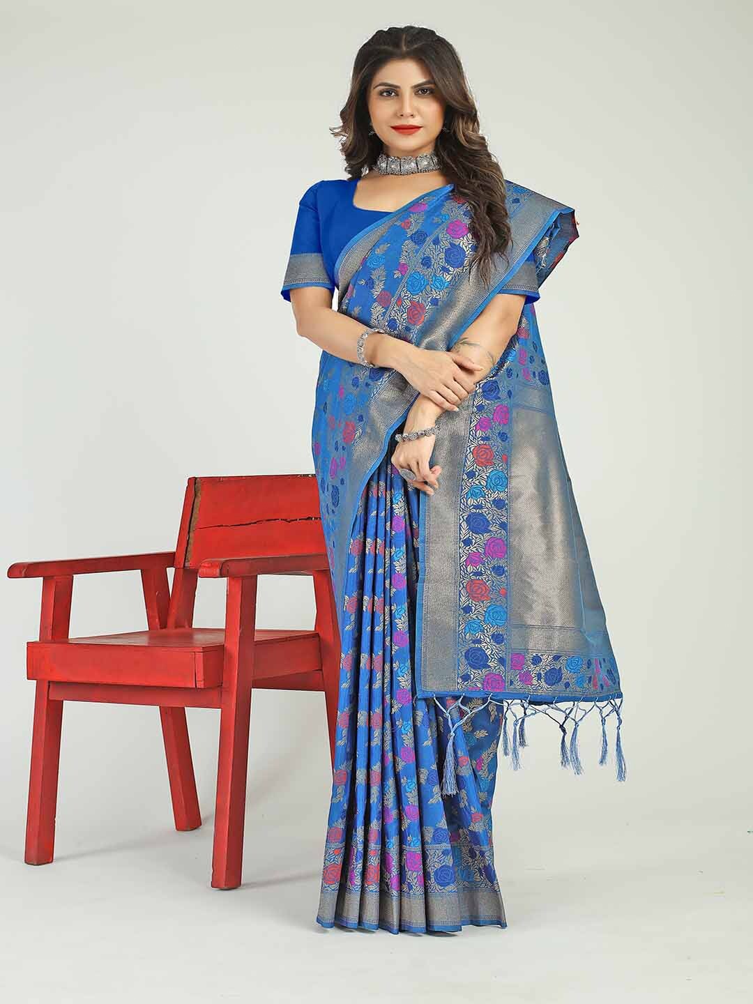 

Mitera Blue & Pink Floral Zari Art Silk Saree