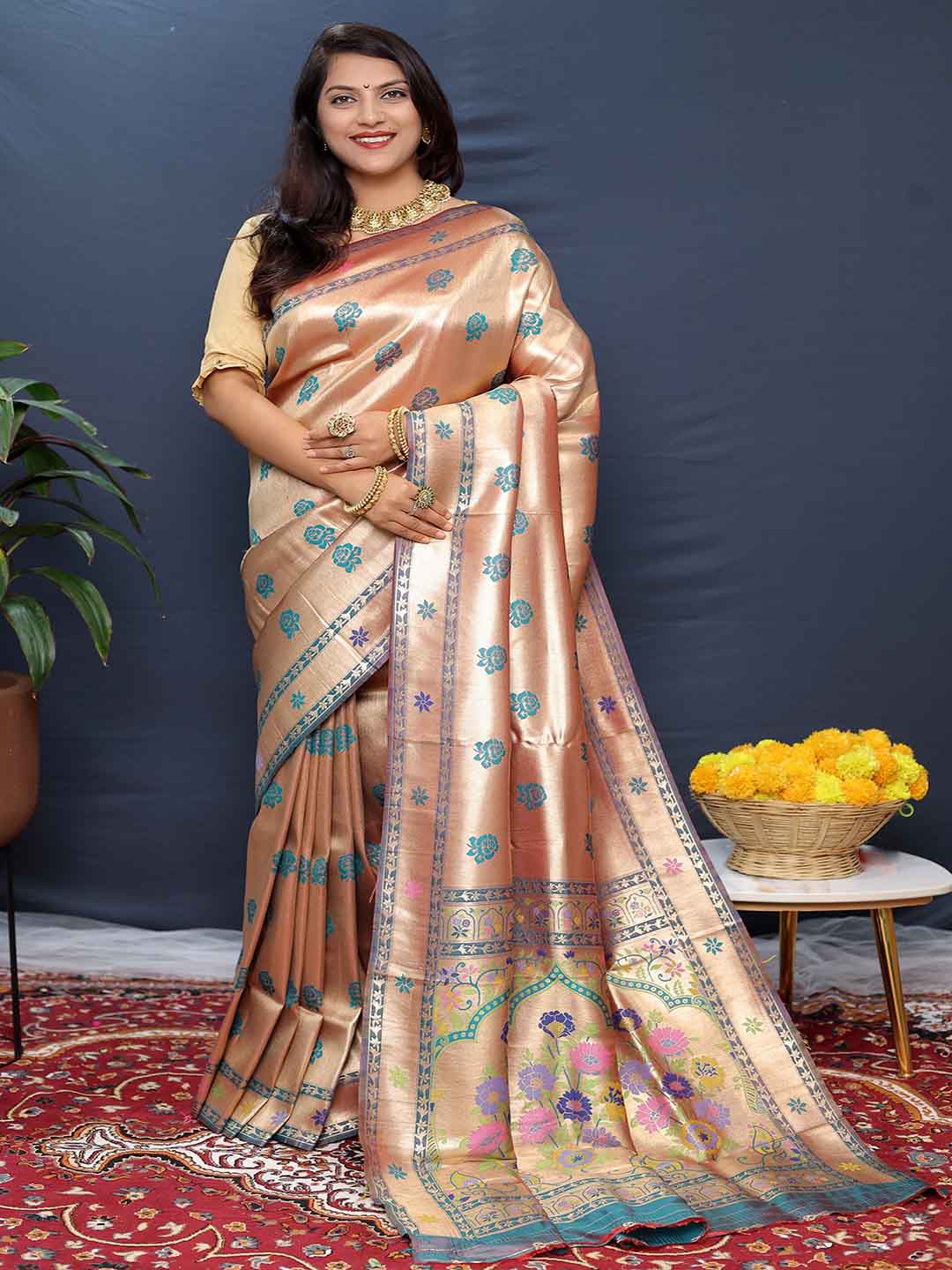 

Mitera Floral Zari Zari Saree, Sea green