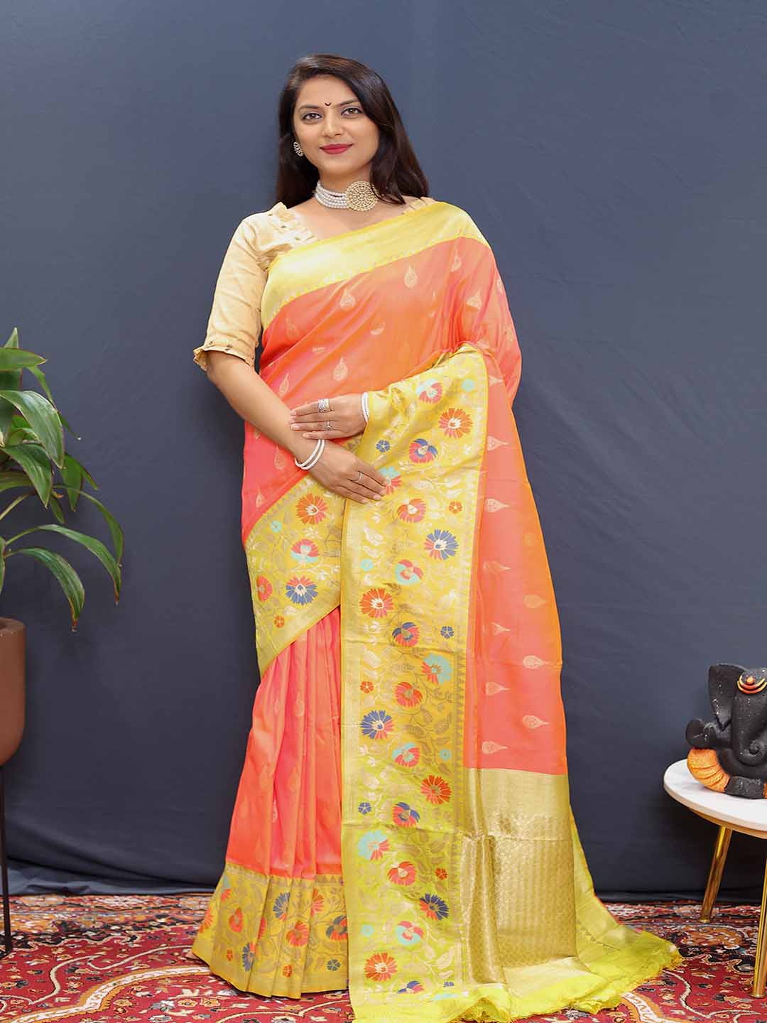 

Mitera Floral Woven Design Zari Saree, Orange
