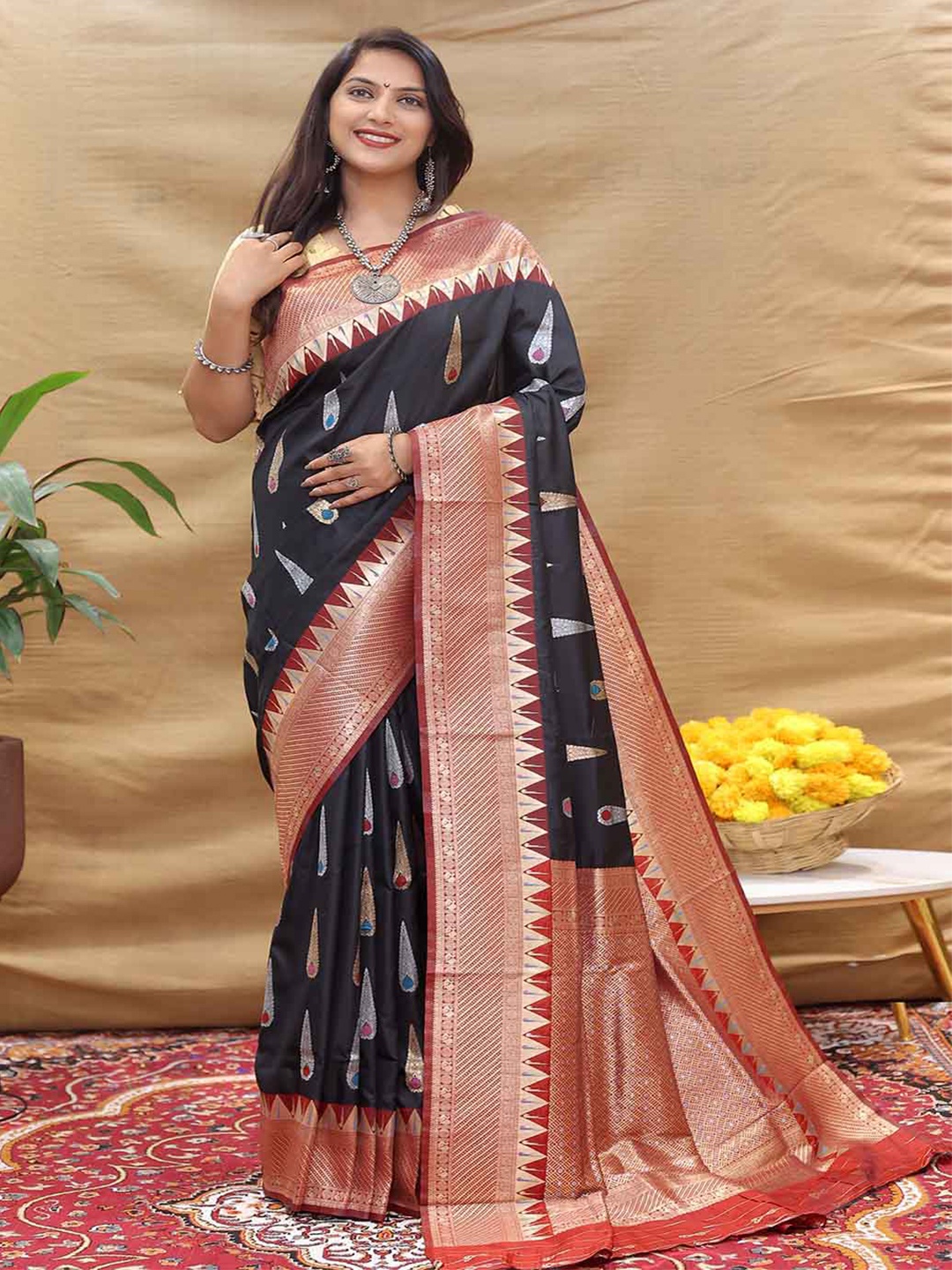 

Mitera Ethnic Motifs Woven Design Zari Saree, Black