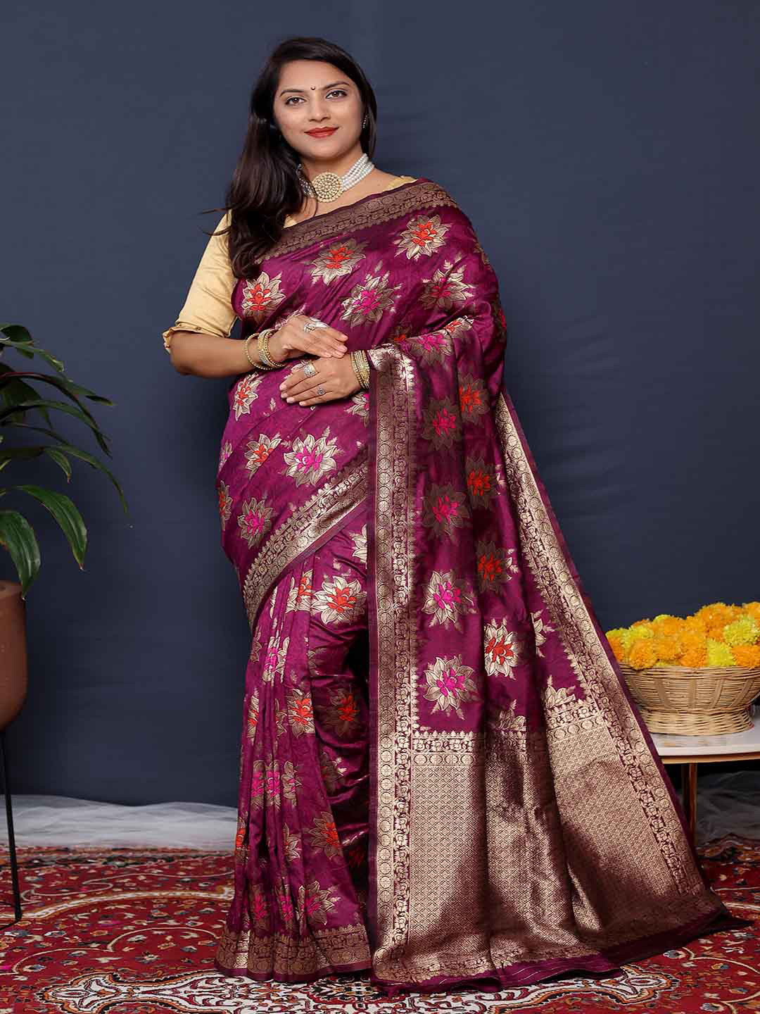 

Mitera Floral Print Zari Art Silk Saree, Purple