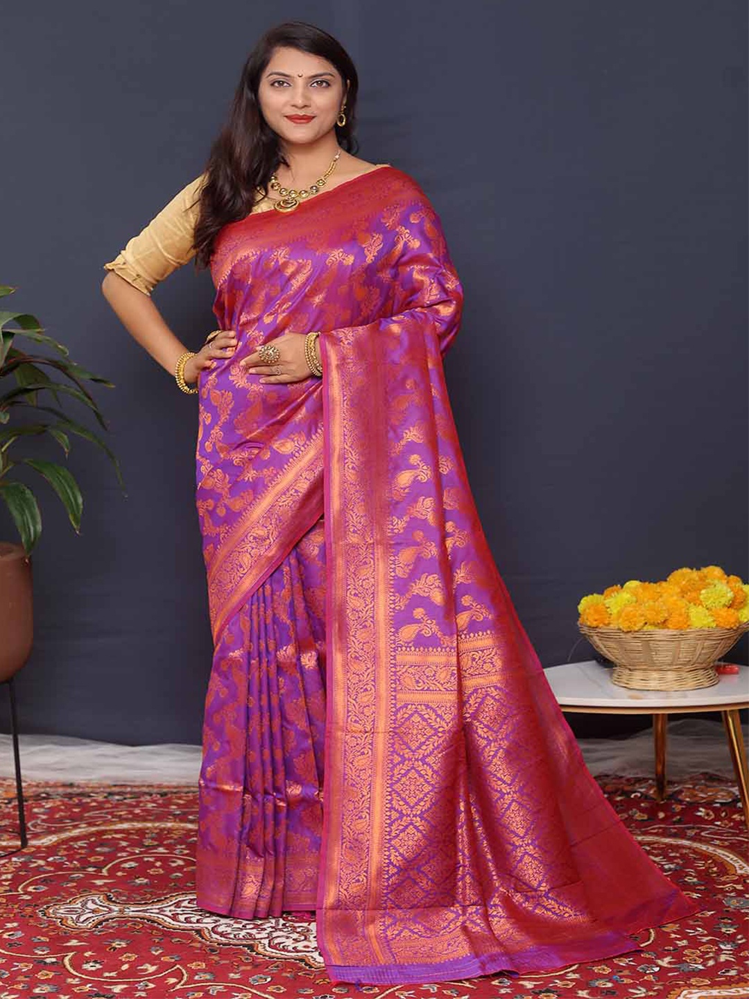 

Mitera Floral Woven Design Zari Saree, Purple
