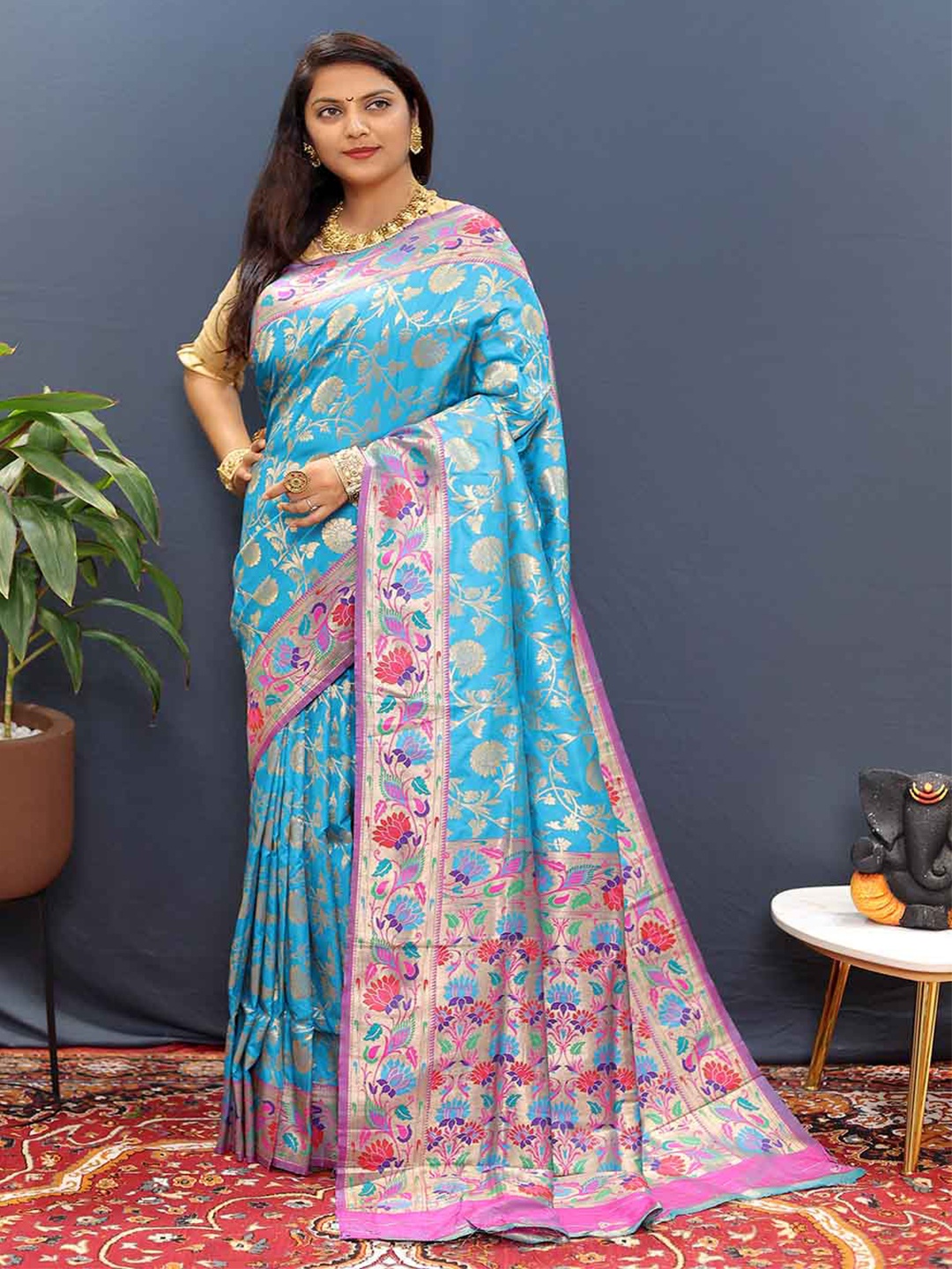 

Mitera Floral Woven Design Zari Saree, Blue