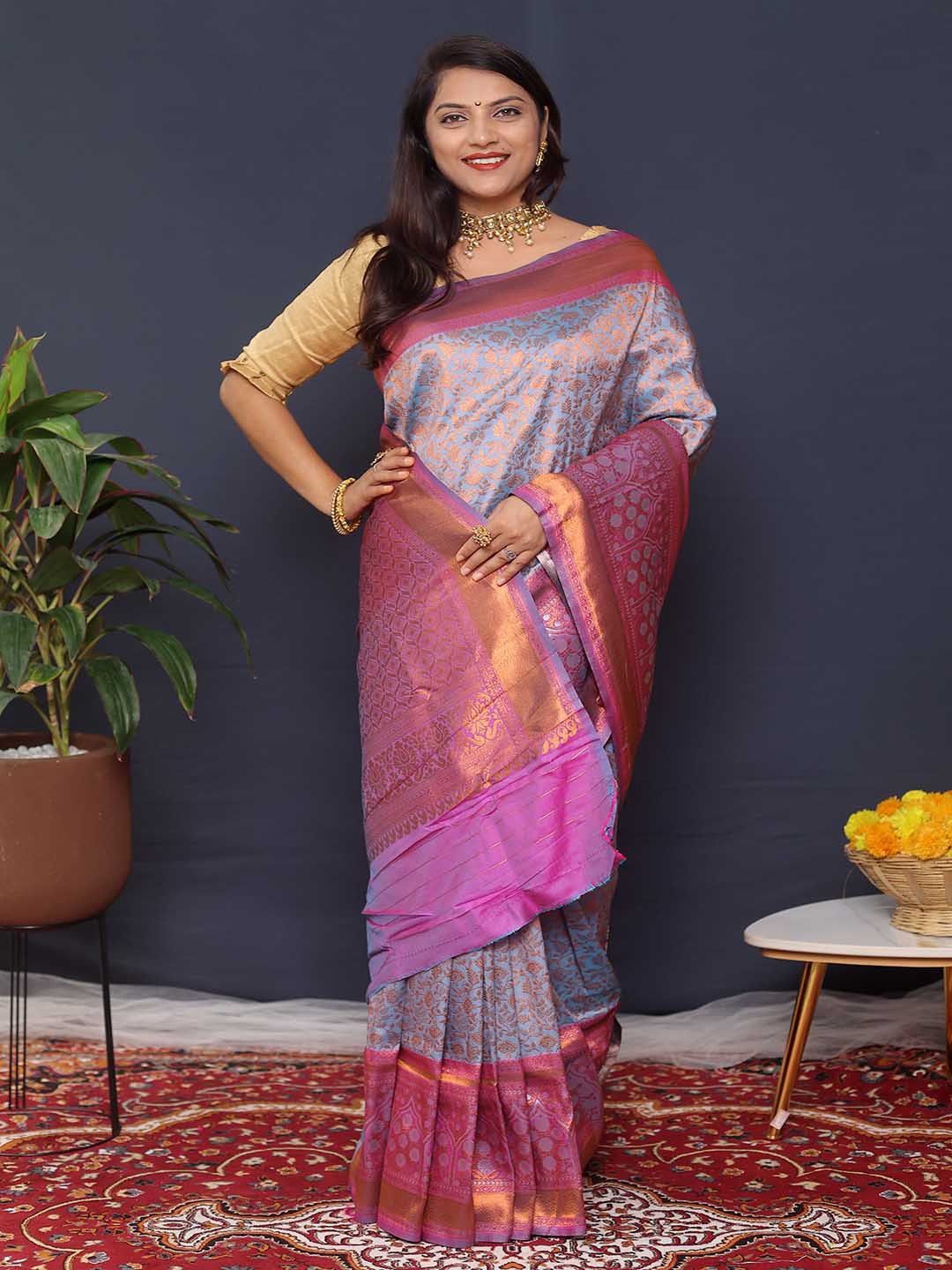 

Mitera Floral Woven Design Zari Saree, Blue