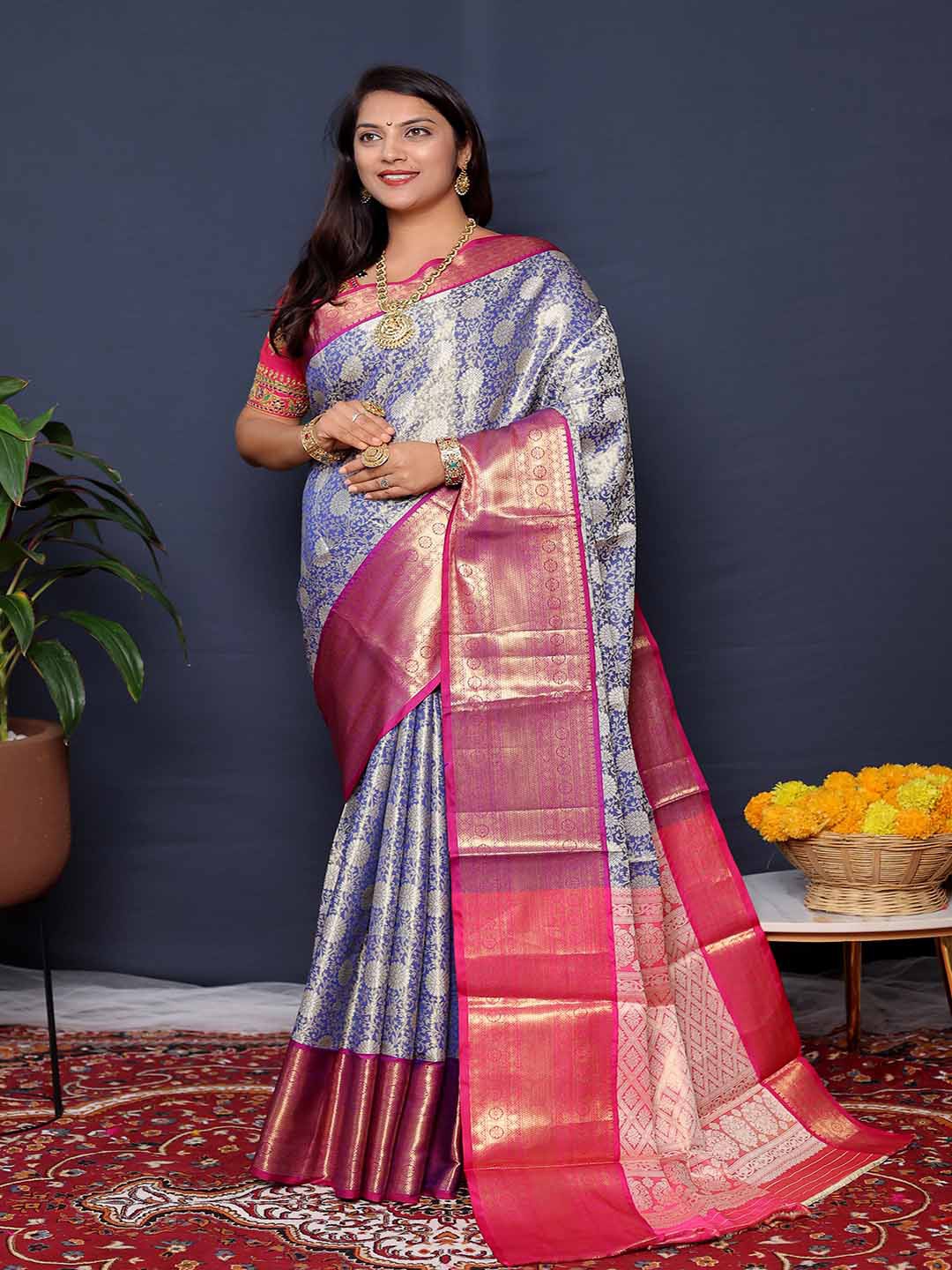 

Mitera Floral Woven Design Zari Saree, Blue