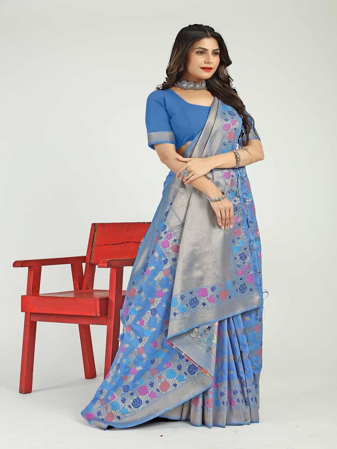 

Mitera Floral Woven Design Zari Saree, Blue