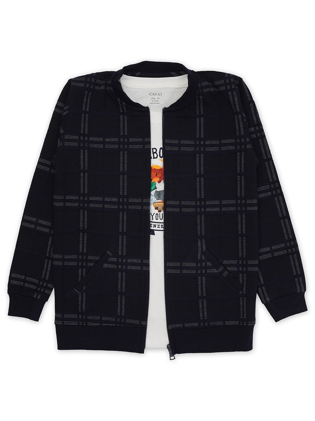 

CAVIO Boys Checked Stand Collar Lightweight Cotton Bomber Jacket & T-Shirt, Blue