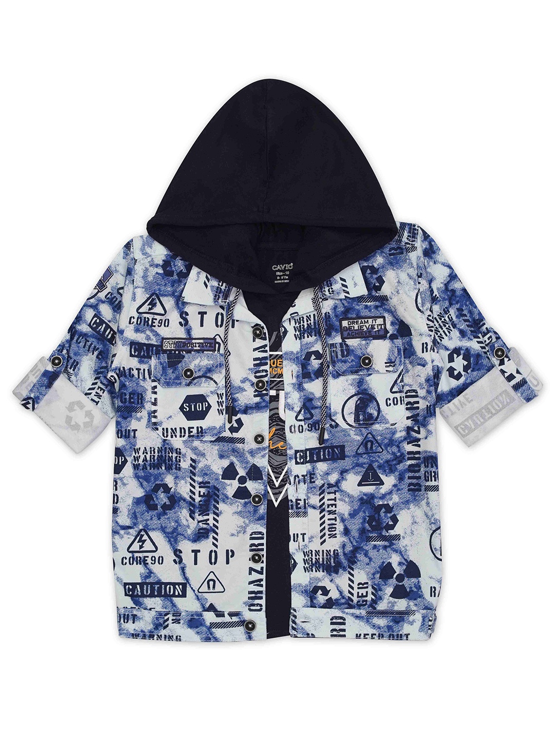 

CAVIO Boys Typography Printed Roll-Up Sleeves Cotton Casual Shirt & T-Shirt, Blue