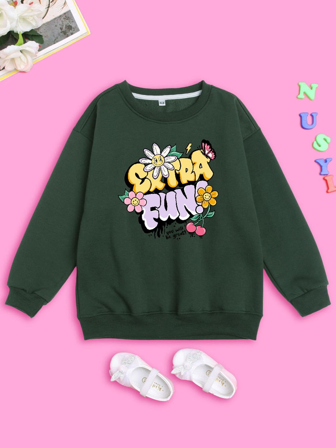 

BAESD Girls Extra Fun Printed Fleece Pullover Oversized Sweatshirt, Olive
