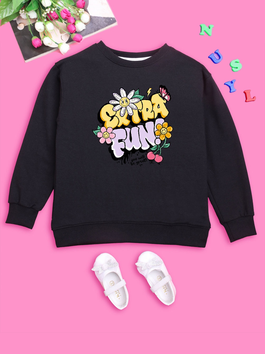 

BAESD Girls Typography Printed Fleece Oversized Sweatshirt, Black