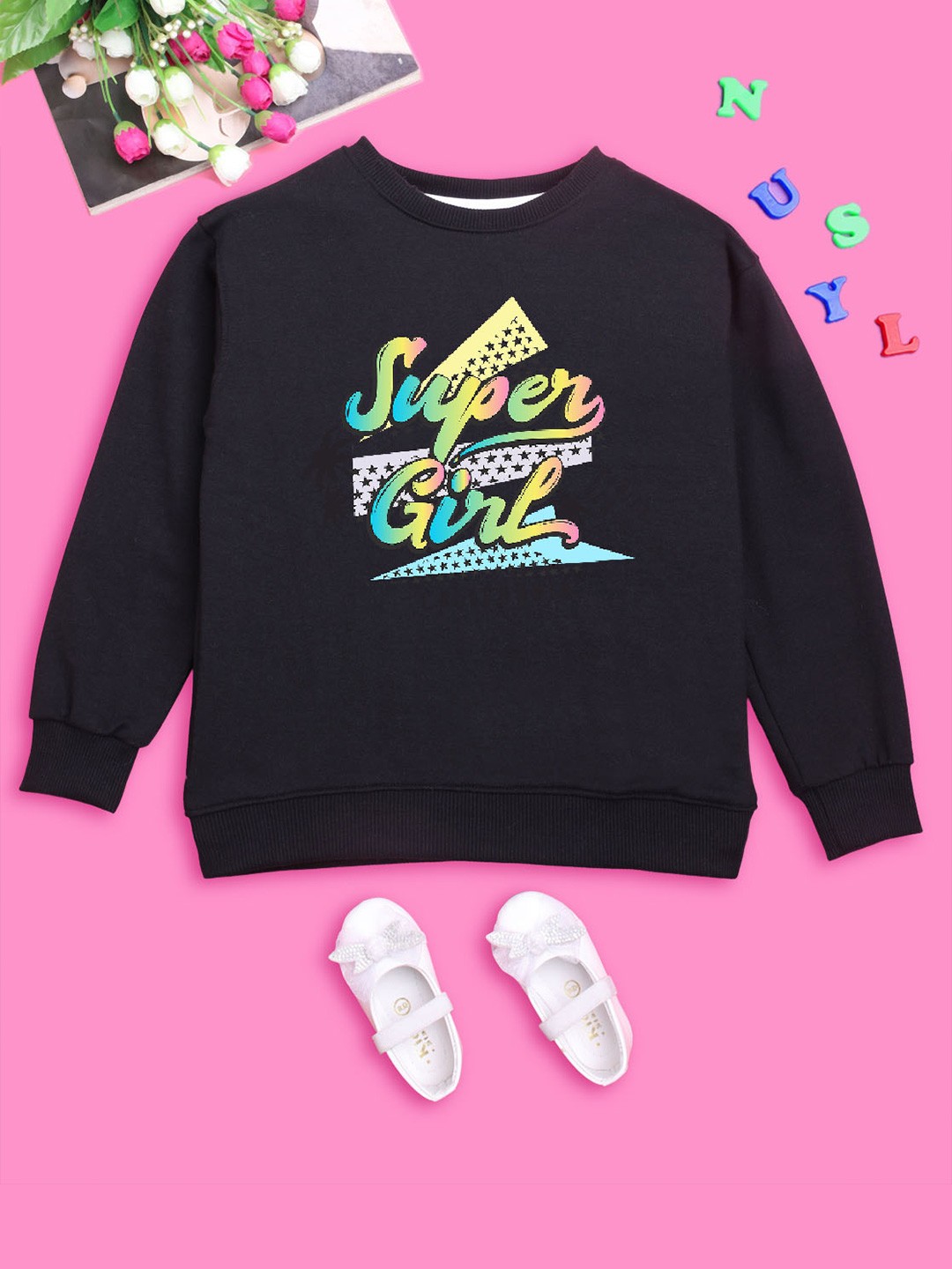 

BAESD Girls Typography Printed Fleece Sweatshirt, Black