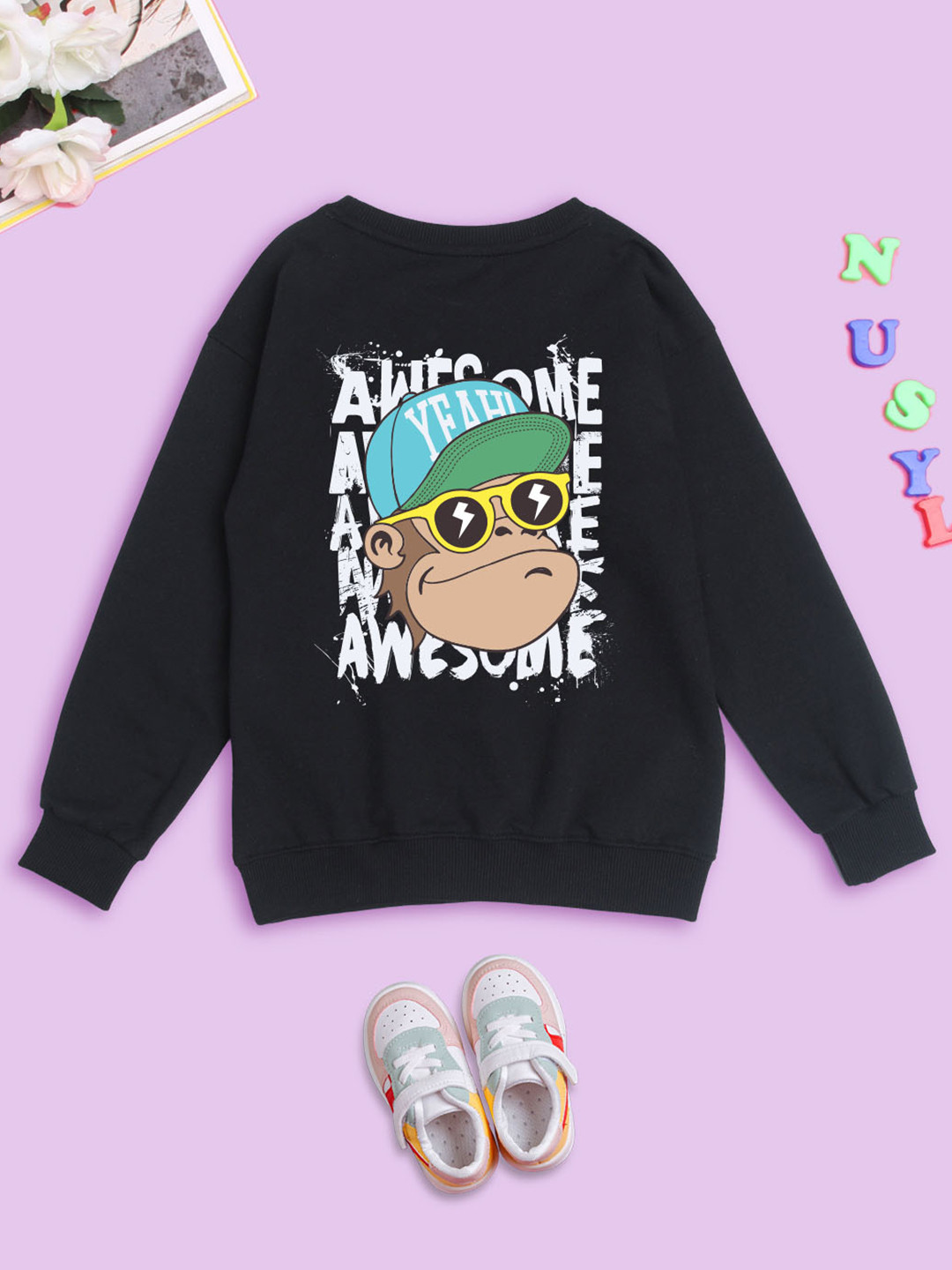 

BAESD Kids Monkey Printed Fleece Pullover Oversized Sweatshirt, Black